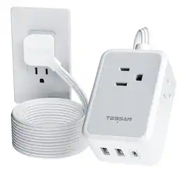 TESSAN - 10 Ft Thin Flat Extension Cord Plug,Power Strip with 3 Outlets and 3USB(1USB-C),Grey - Gray
