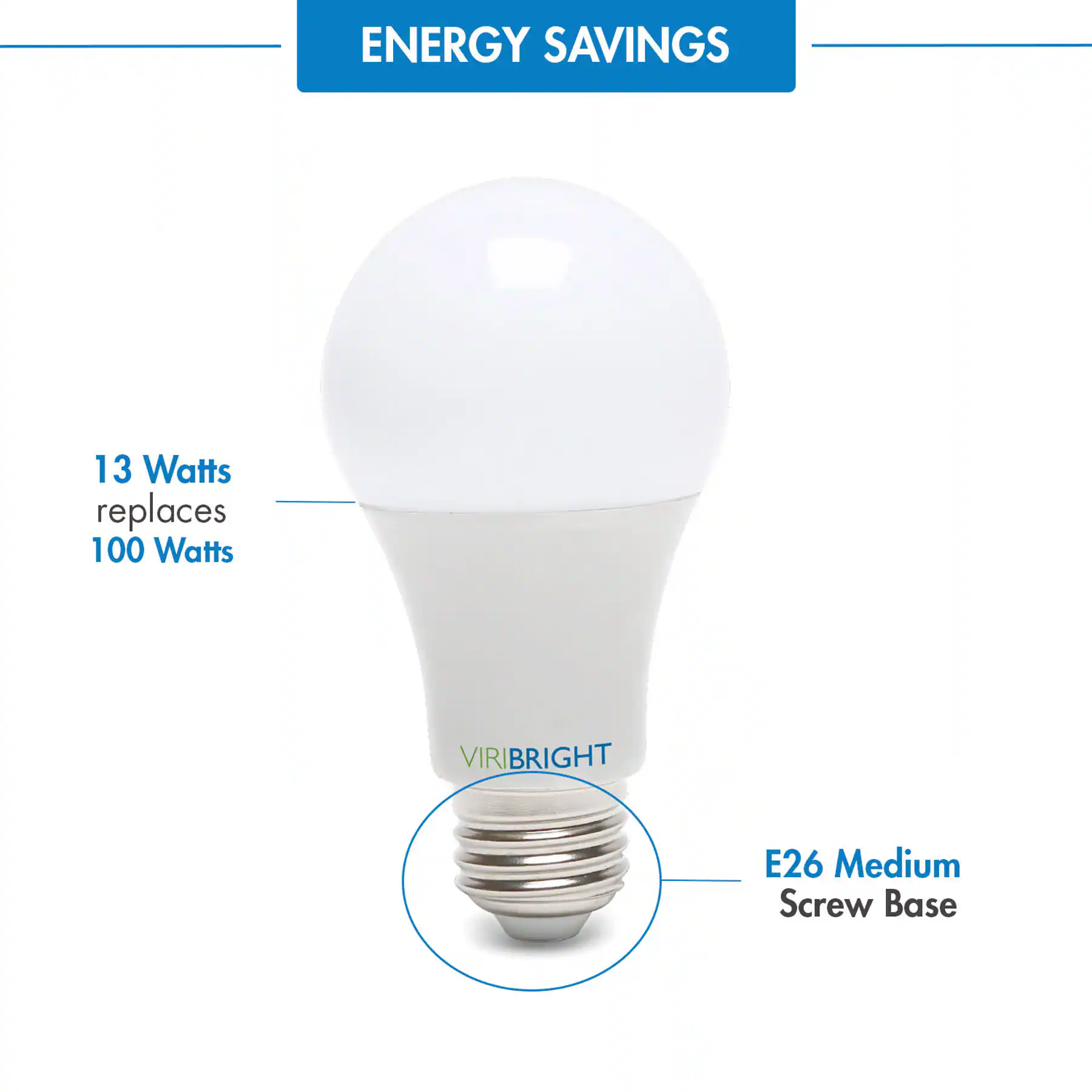 ENERGY SAVINGS

13 Watts replaces 100 Watts

VIRIBRIGHT

E26 Medium Screw Base