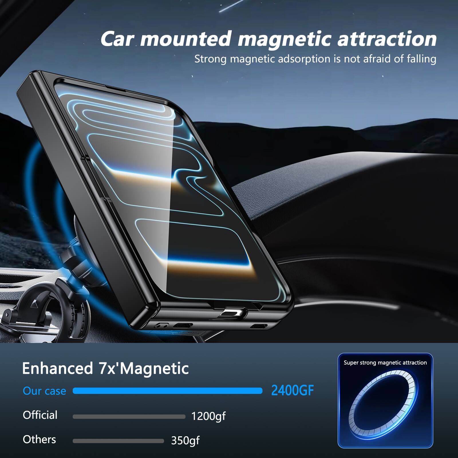 Car mounted magnetic attraction  
Strong magnetic adsorption is not afraid of falling  

Enhanced 7x'Magnetic  
Our case  
2400GF  

Official  
1200gf  

Others  
350gf  

Super strong magnetic attraction