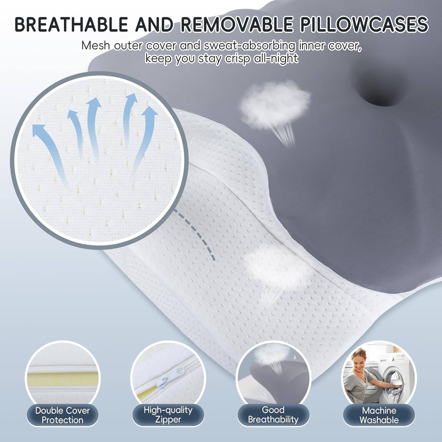 BREATHABLE AND REMOVABLE PILLOWCASES

Mesh outer cover and sweat-absorbing inner cover, keep you stay crisp all-night

Double Cover Protection
High-quality Zipper
Good Breathability
Machine Washable