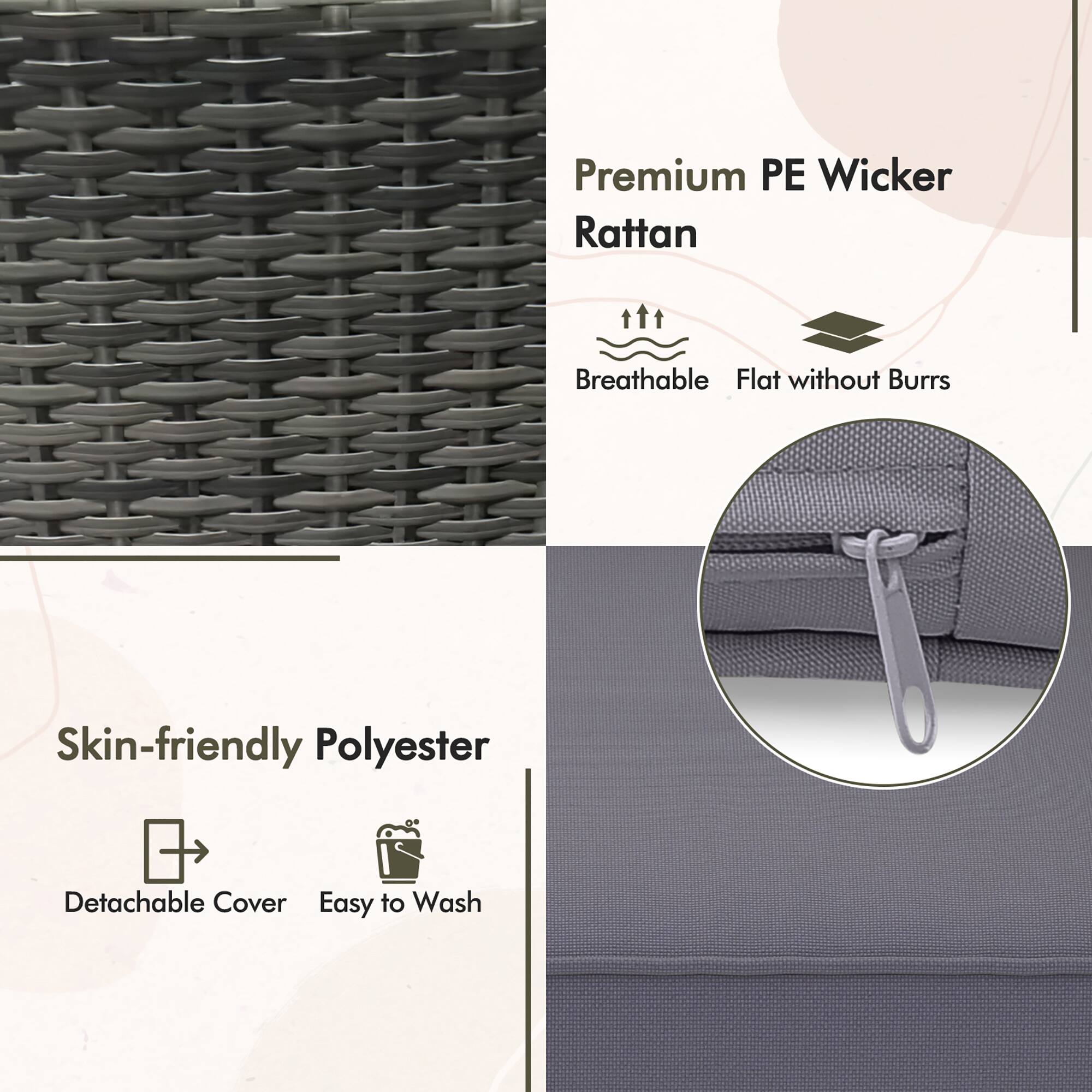 Premium PE Wicker Rattan, Breathable, Flat without Burrs, Skin-friendly Polyester, Detachable Cover, Easy to Wash