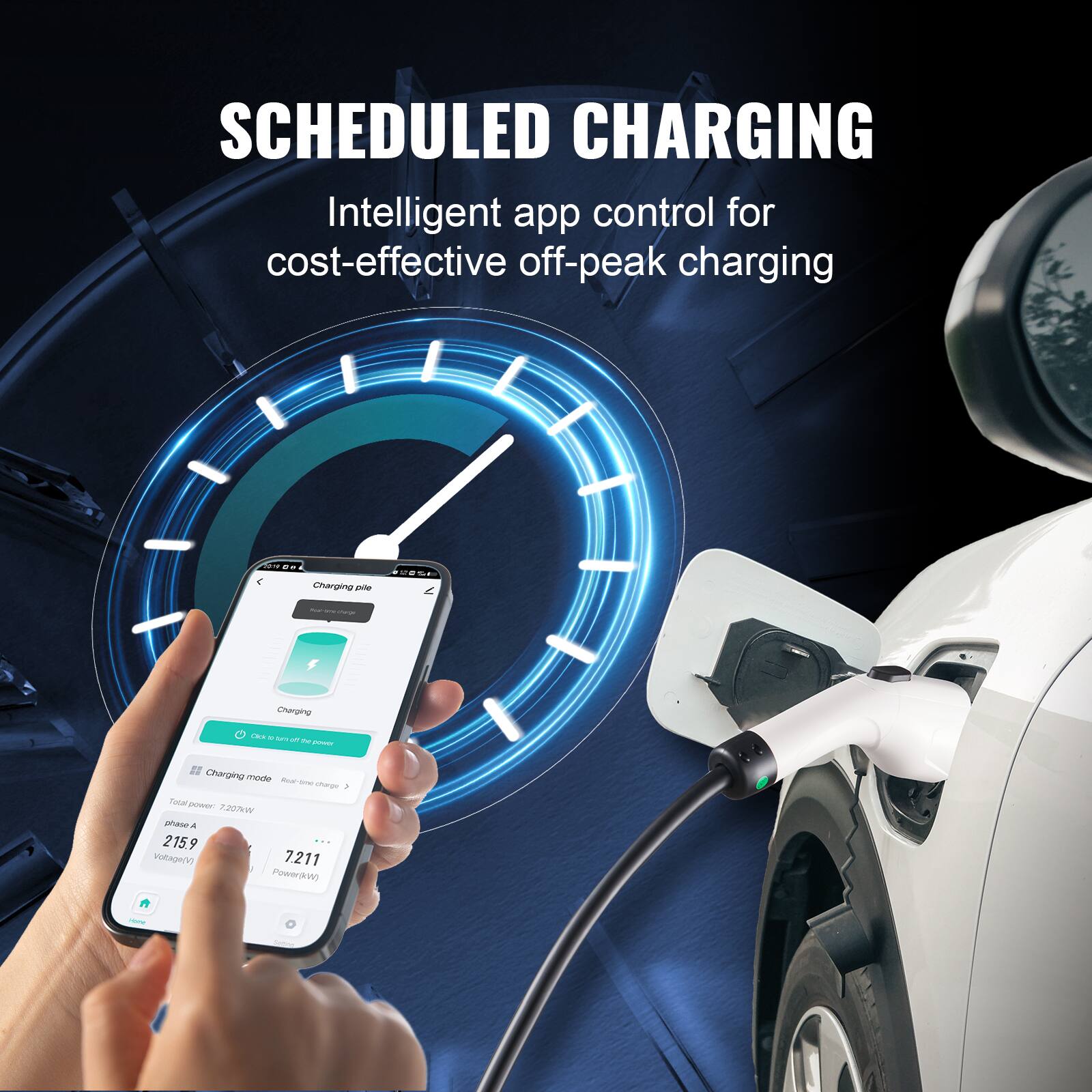SCHEDULED CHARGING  
Intelligent app control for cost-effective off-peak charging

0.19 de Charging pile

2

Real-time Charging

Do tun WT power

Charging mode Real-time charge - Total power 7.207kW phase A 215.9 Voltage(V) 7.211 Power(kW)