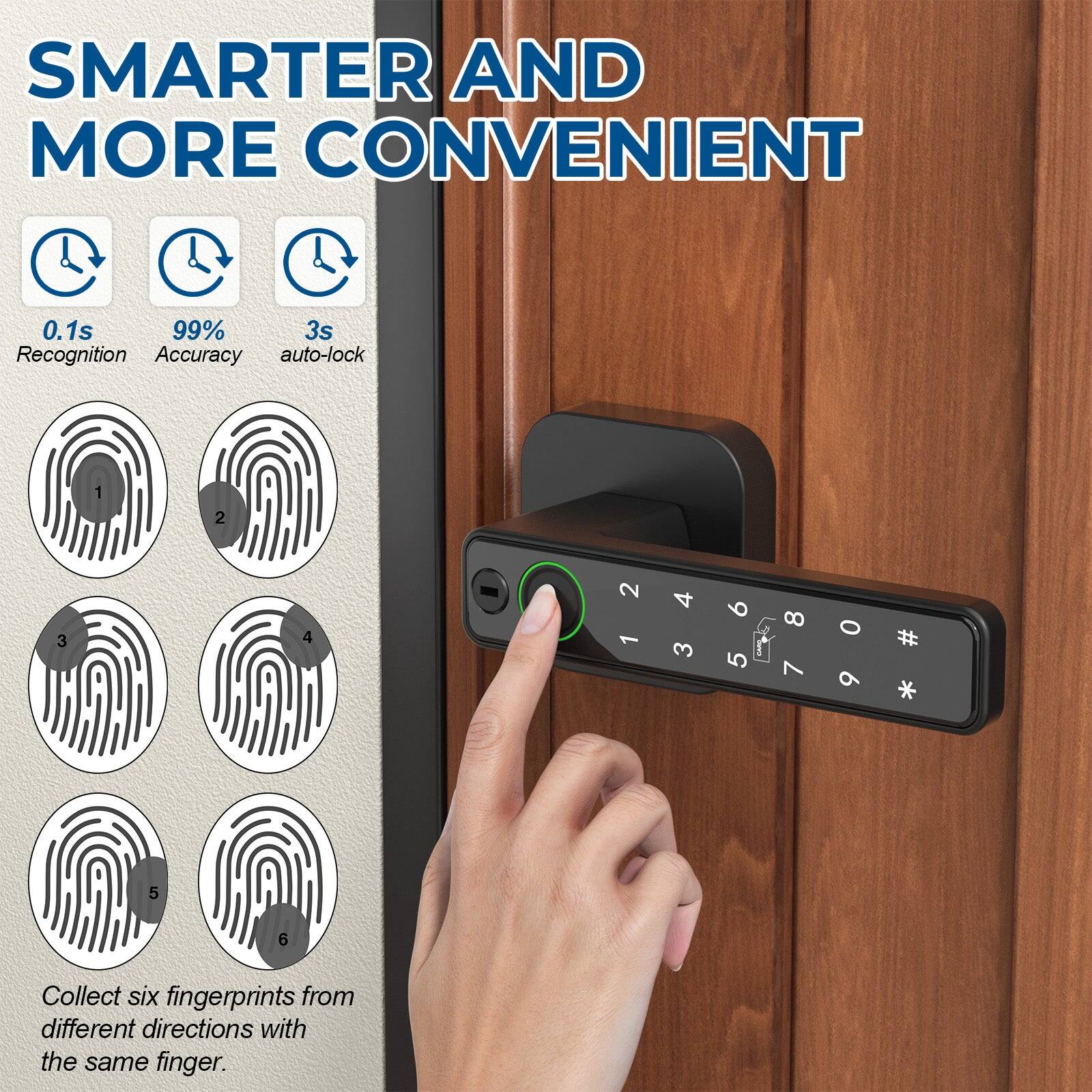 SMARTER AND MORE CONVENIENT

0.1s Recognition  
99% Accuracy  
3s auto-lock

Collect six fingerprints from different directions with the same finger.