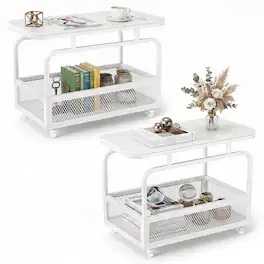 Gymax - 2PCS Rolling Side Table 2-Tier Narrow End Table w/Mesh Storage Basket for Home - White