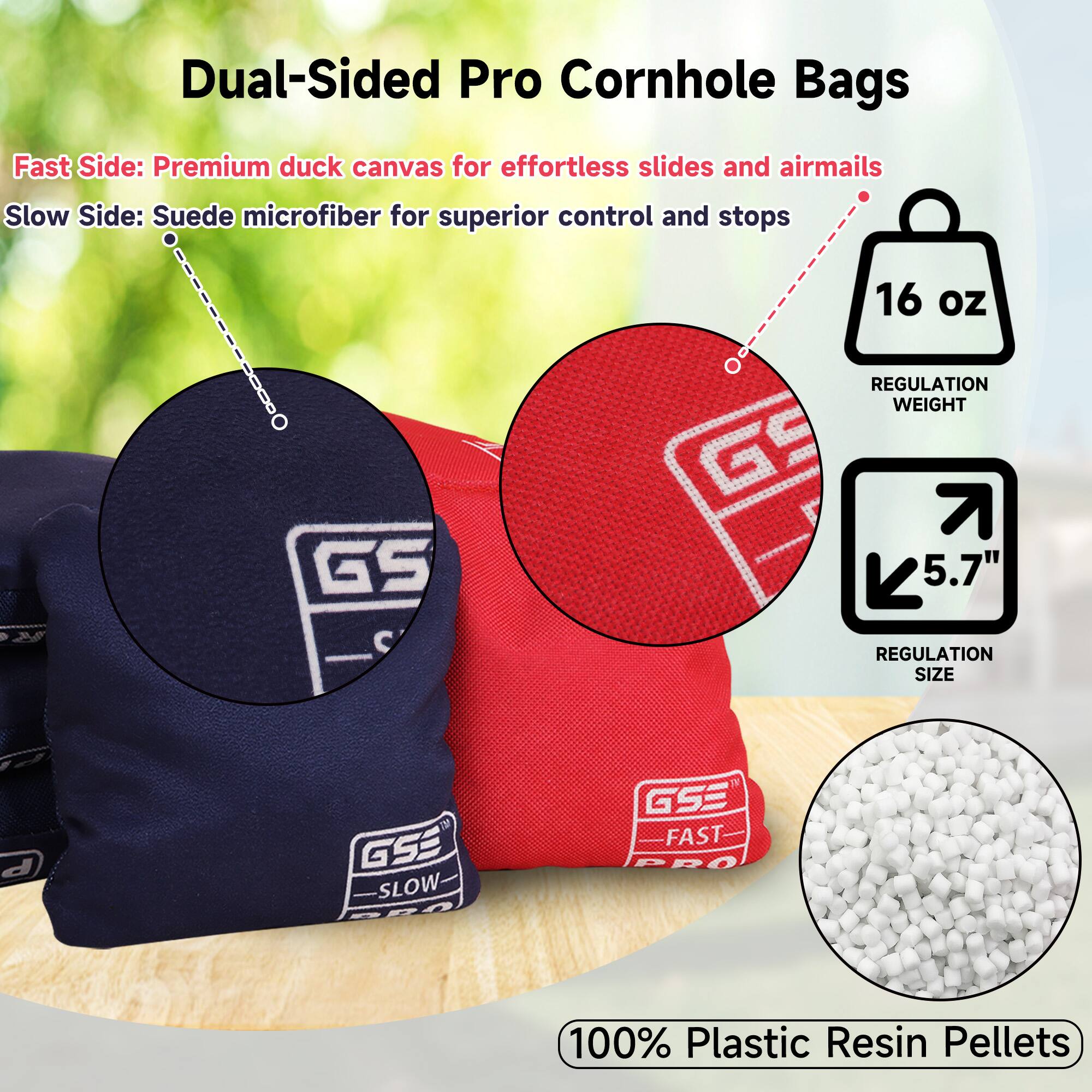 Dual-Sided Pro Cornhole Bags

Fast Side: Premium duck canvas for effortless slides and airmails  
Slow Side: Suede microfiber for superior control and stops

16 oz REGULATION WEIGHT  
5.7" REGULATION SIZE

100% Plastic Resin Pellets