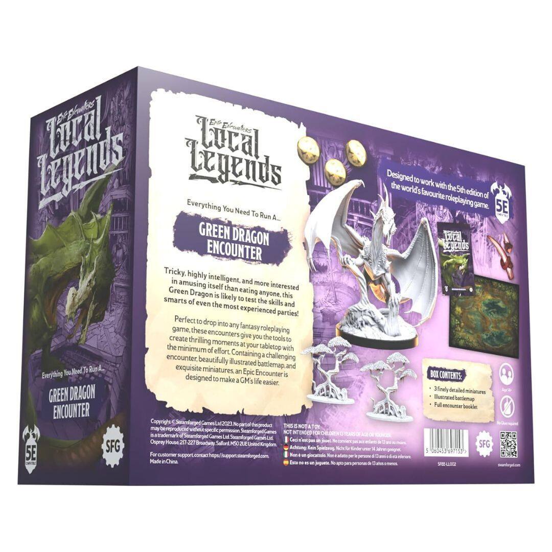 **Local Legends**

**Everything You Need To Run A...**

**GREEN DRAGON ENCOUNTER**

Designed to work with the 5th edition of the world's favourite roleplaying game.

Tricky, highly intelligent, and more interested in amusing itself than eating anyone, this Green Dragon is likely to test the skills of even the most experienced parties!

Perfect to drop into any fantasy roleplaying game, these encounters create thrilling moments at the minimum of effort. Containing a challenging encounter, beautifully illustrated battlemap, and exquisite miniatures, designed to make a GM's life easier.

**BOX CONTENTS:**
- 3 finely detailed miniatures
- Illustrated battlemap
- Full encounter booklet

**THIS IS NOT INTENDED FOR CHILDREN.**

**Copyright © Semaenforged Games Ltd 2023. No part of this product may be reproduced without specific written permission from Semaenforged Games Ltd.**

**Semaenforged Games Ltd**
Osprey House, 217-227 Broad Street, South Ford, MD 21785, USA
SFG
OSPREYHOUSE@SEMAENFORGED.COM
SFG

**Made in China.**

**SFG**

**