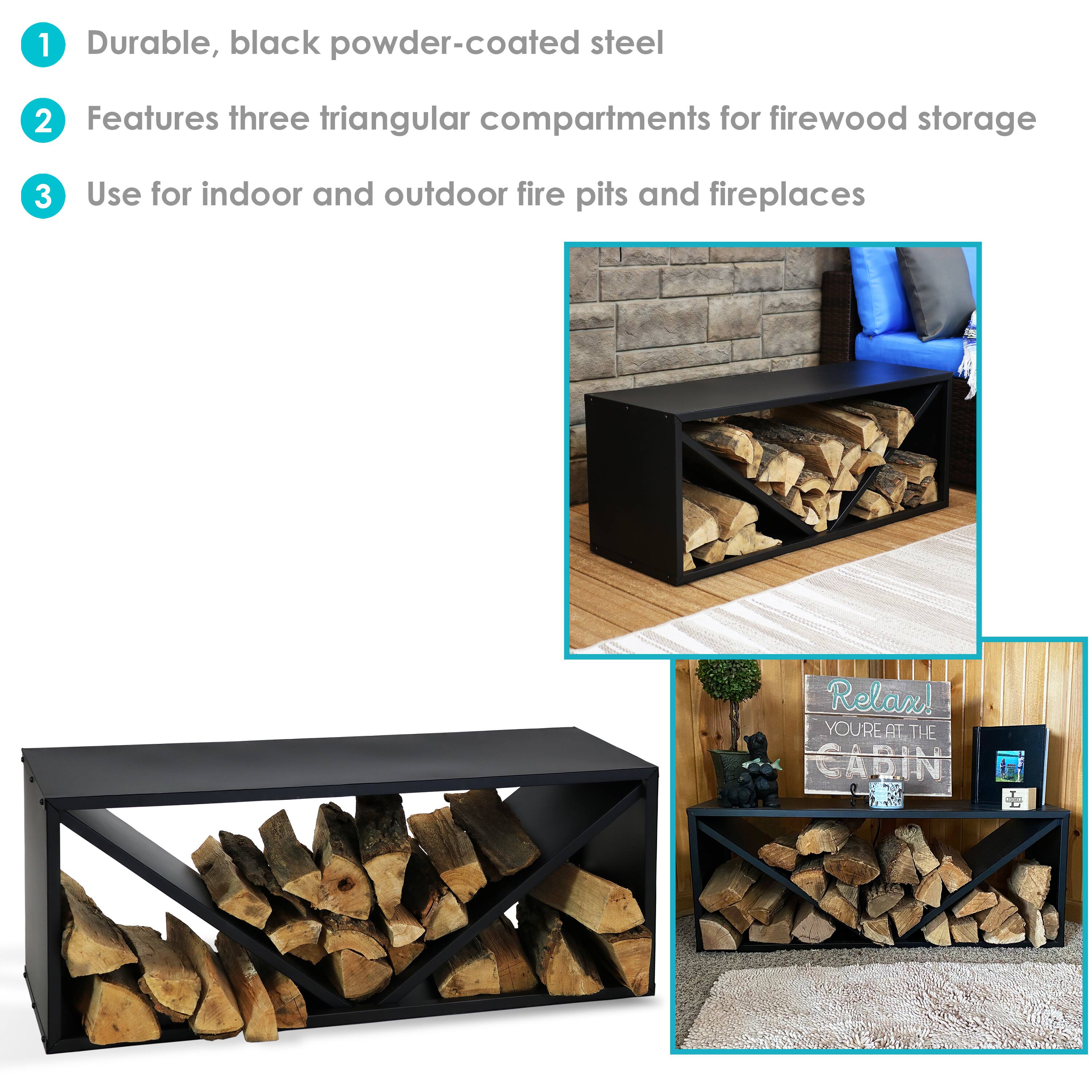 1. Durable, black powder-coated steel
2. Features three triangular compartments for firewood storage
3. Use for indoor and outdoor fire pits and fireplaces

Relax! YOU'RE AT THE CABIN
