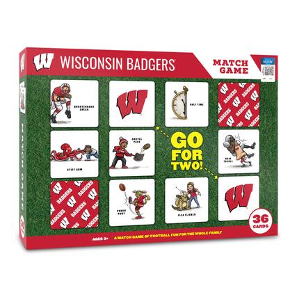 WISCONSIN BADGERS MATCH GAME
COLLEGE
GO FOR TWO!
HALF TIME
QUARTERBACK SNEAK
STIFF ARM
SHOVEL PASS
POACH PUNT
FLEA FLICKER
HOSE TACKLE
36 CARDS
AGES 3+
A MATCH GAME OF FOOTBALL FUN FOR THE WHOLE FAMILY