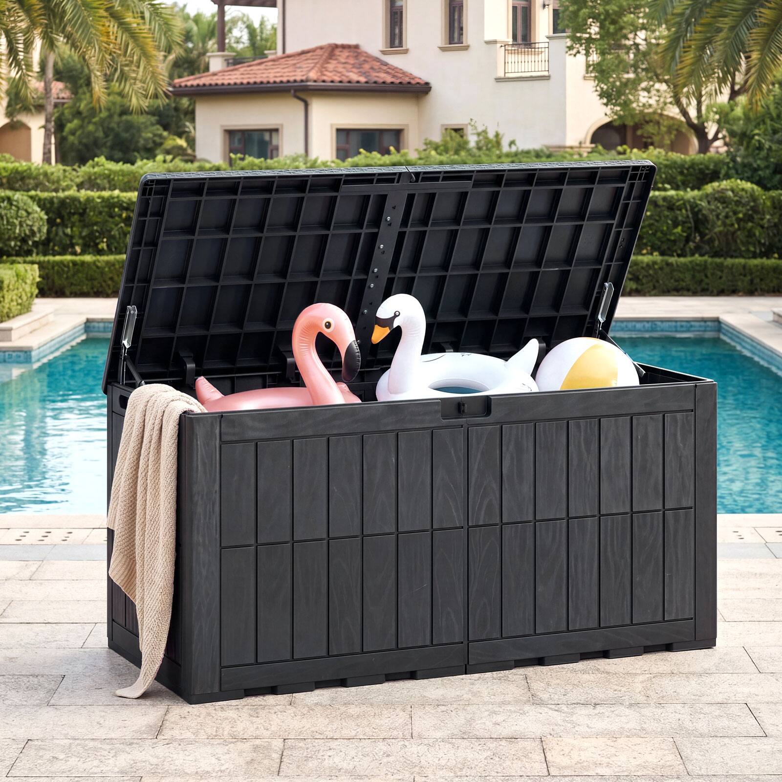 Alt View 4. Gymax - Gymax 120 Gal Outdoor Deck Box All-Weather Lockable Storage Bin w/ Lid & Handles Black Black - Black.