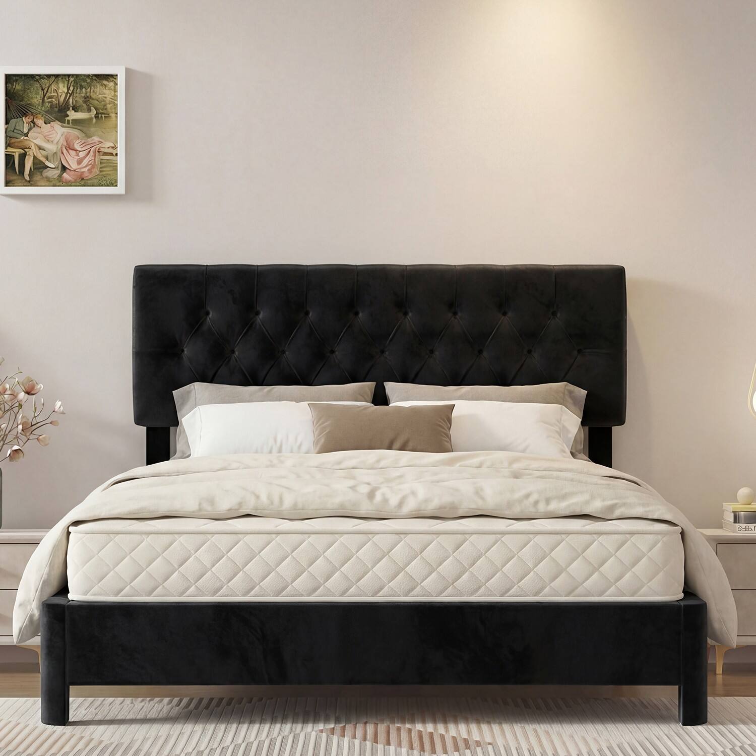 Angle. Dyonery - Platform Bed Frame with Upholstered Button Tufted Headboard, Mattress Foundation with Wooden Slat Support - Black.