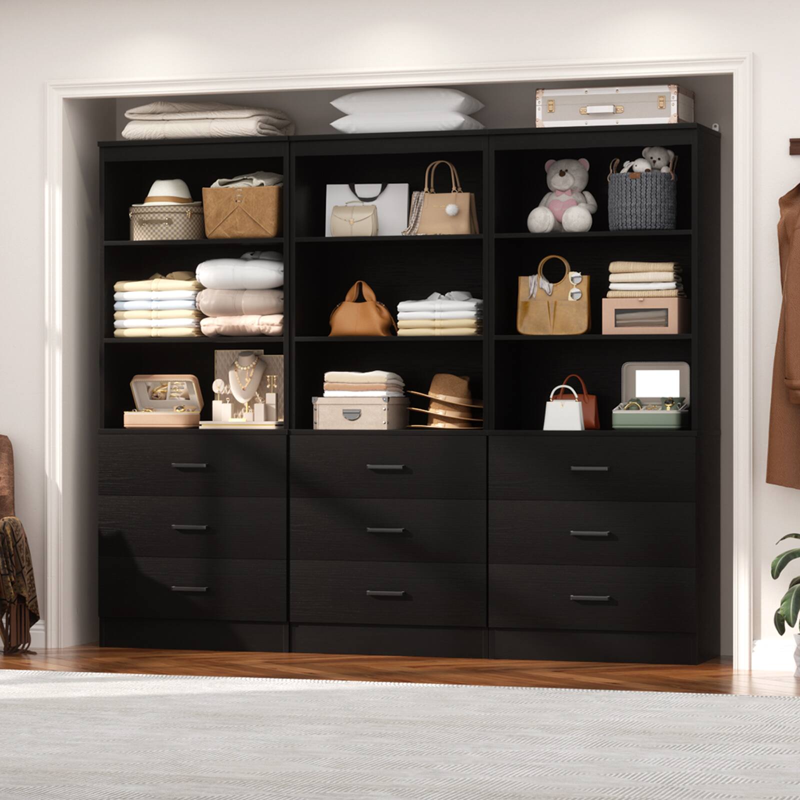 Left. Aheaplus - 71'' Tall Pantry Cabinet, Freestanding Kitchen Storage Cabinet with 3 Drawers and Shelves, 3 Pack - Black.