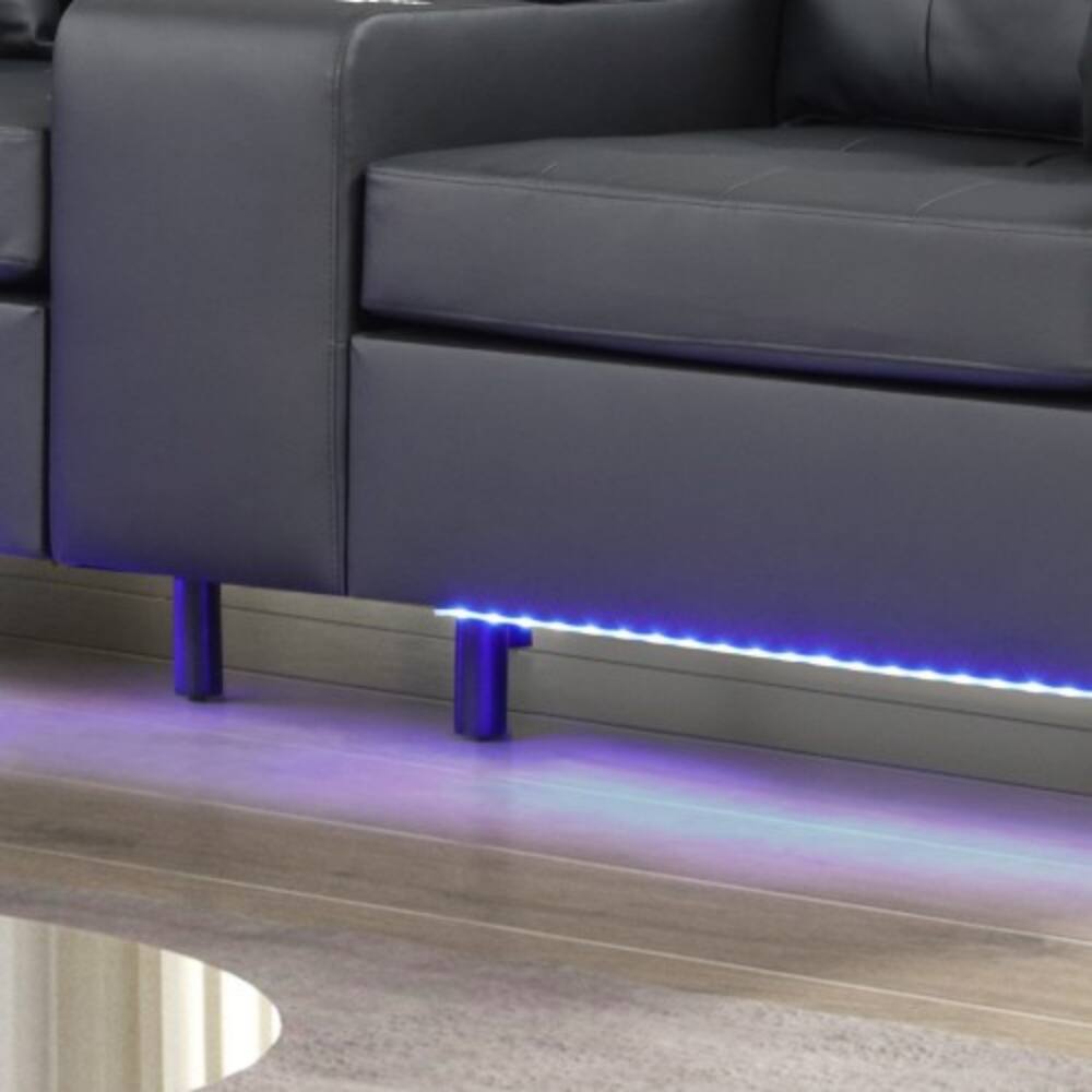 Angle. LUCKY ONE - 85" Black PVC Fabric Sofa with LED Lights, USB Charging Ports, Storage Console, Cupholders, Tufted Cushions - Black.