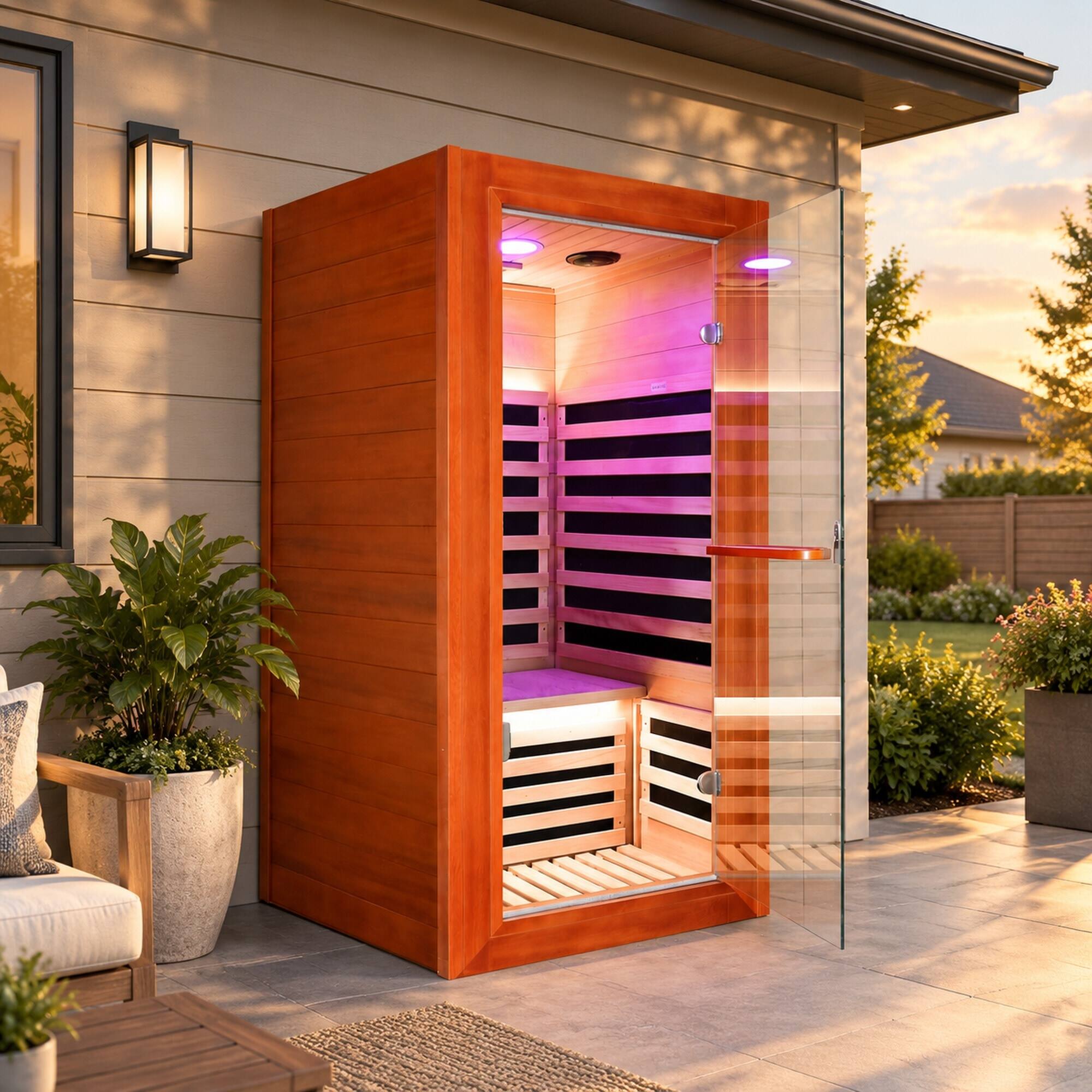 Angle. RYHNUYNE - 1020W Far Infrared Sauna Room, African Oguman Wood, 7 Heating Plates, 110V, 80 cm x 80 cm x 160 cm - Almond.