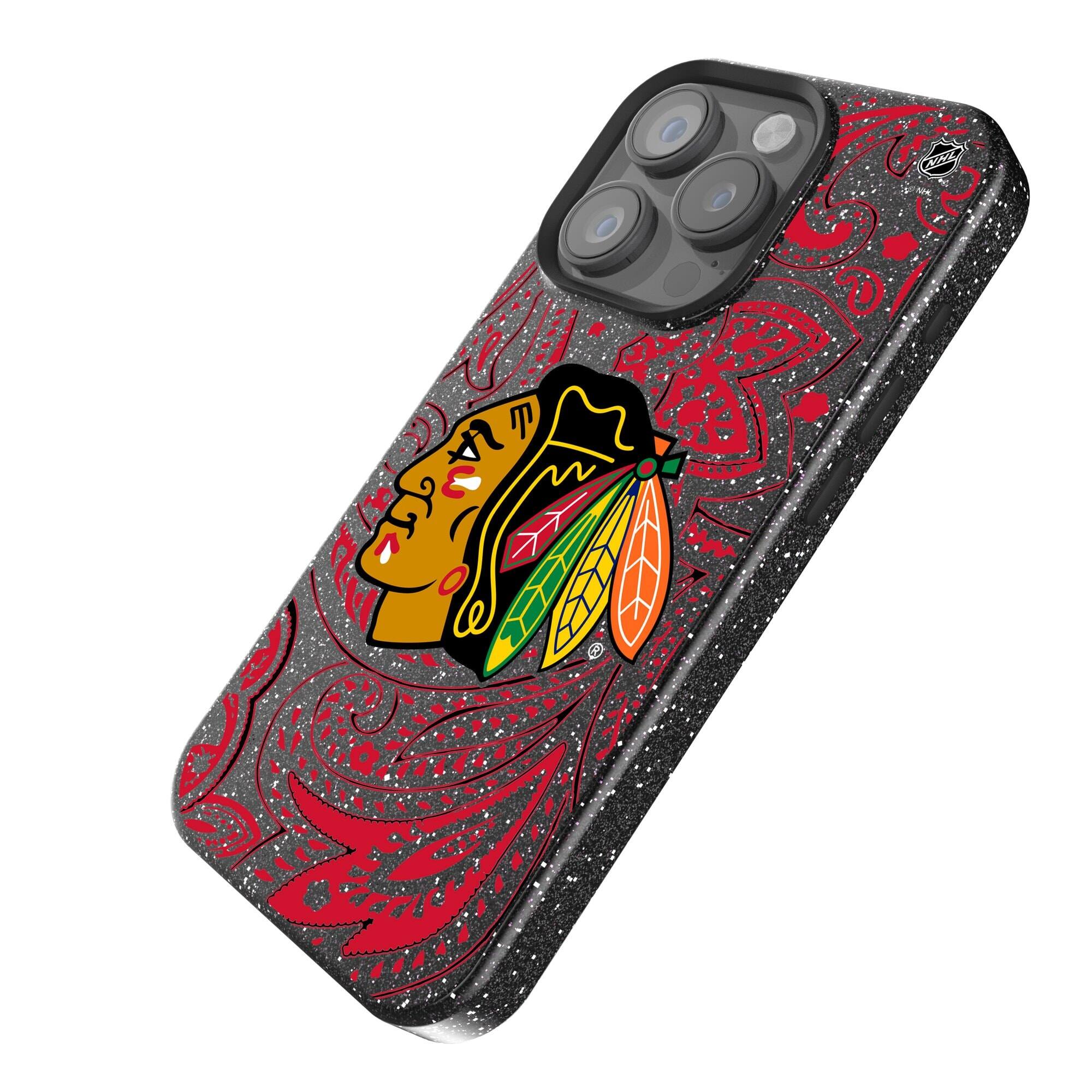 Alt View 1. Keyscaper - Black Chicago Blackhawks Paisley Bling iPhone Case - 14 Pro Max - Black.