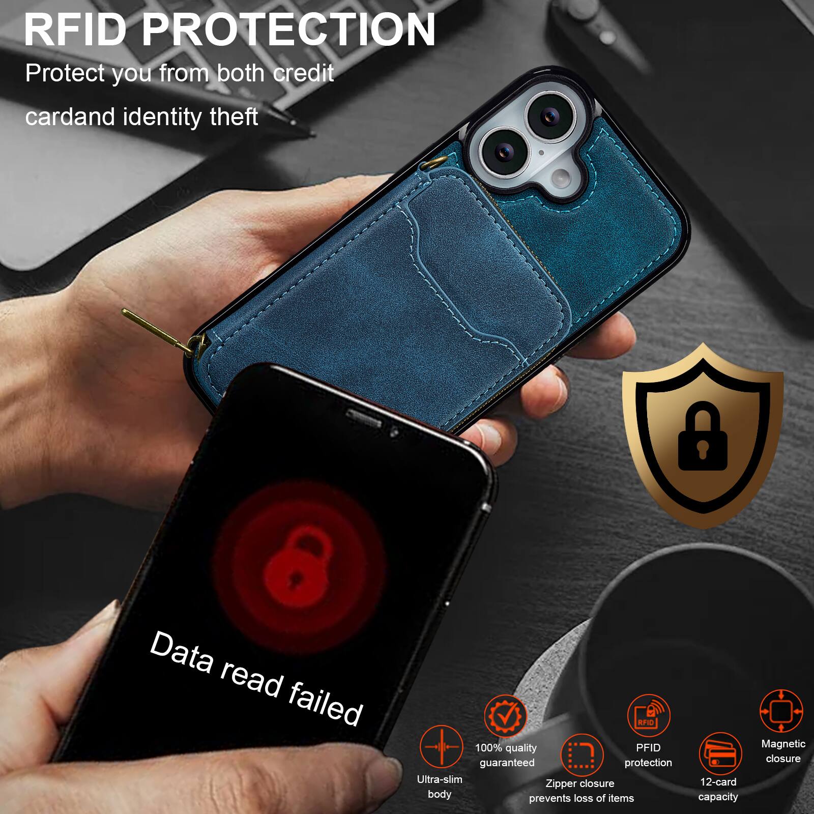 RFID PROTECTION  
Protect you from both credit card and identity theft  

Data read failed  

100% quality guaranteed protection  
Ultra-slim closure  
Zipper body prevents loss of items  
Magnetic closure  
12-card capacity  

RFID PROTECTION  
Protect you from both credit card and identity theft