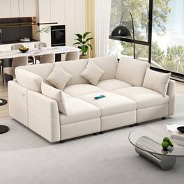 Whisen - Modular U-Shaped Sectional Sofa Bed with a Movable Ottoman and Two USB Ports for Living Room - Beige