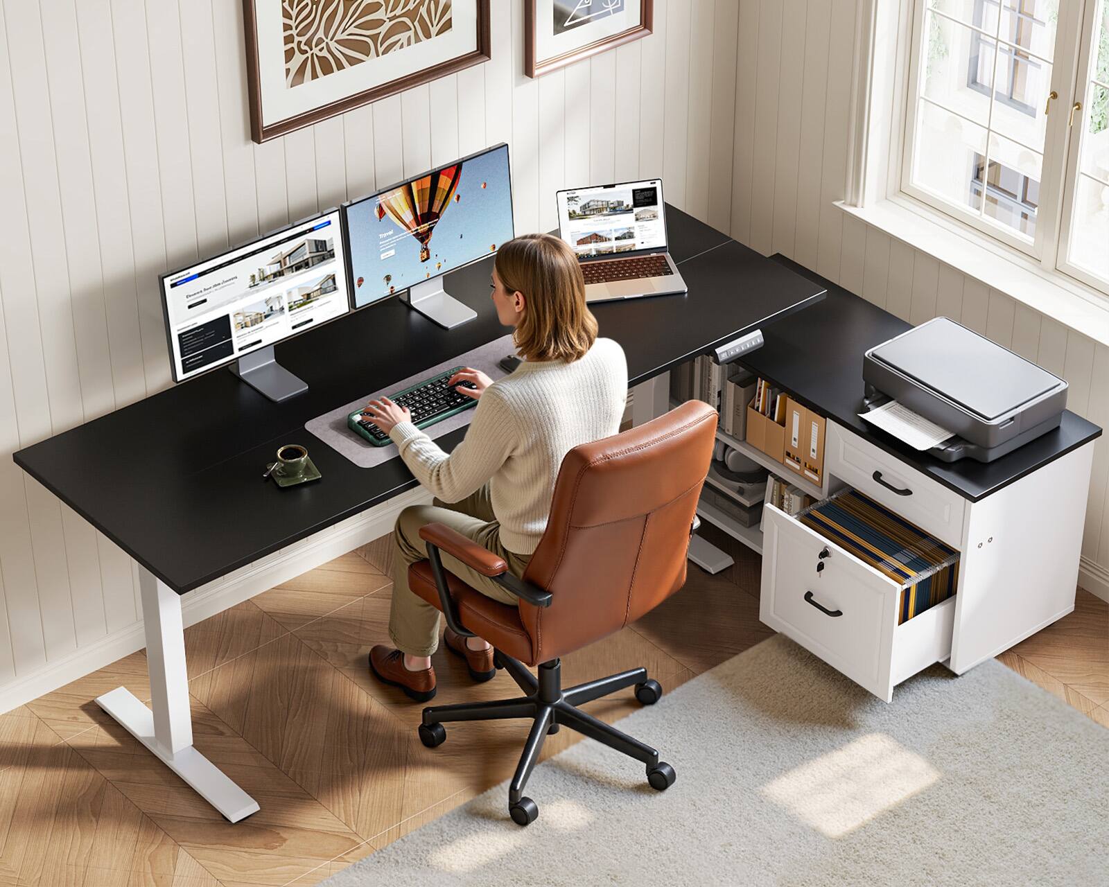 Alt View 2. OffiGo - L Shaped Electric Standing Desk with Drawers & File Cabinet, Height Adjustable Computer Desk for Home Office - Black+white.