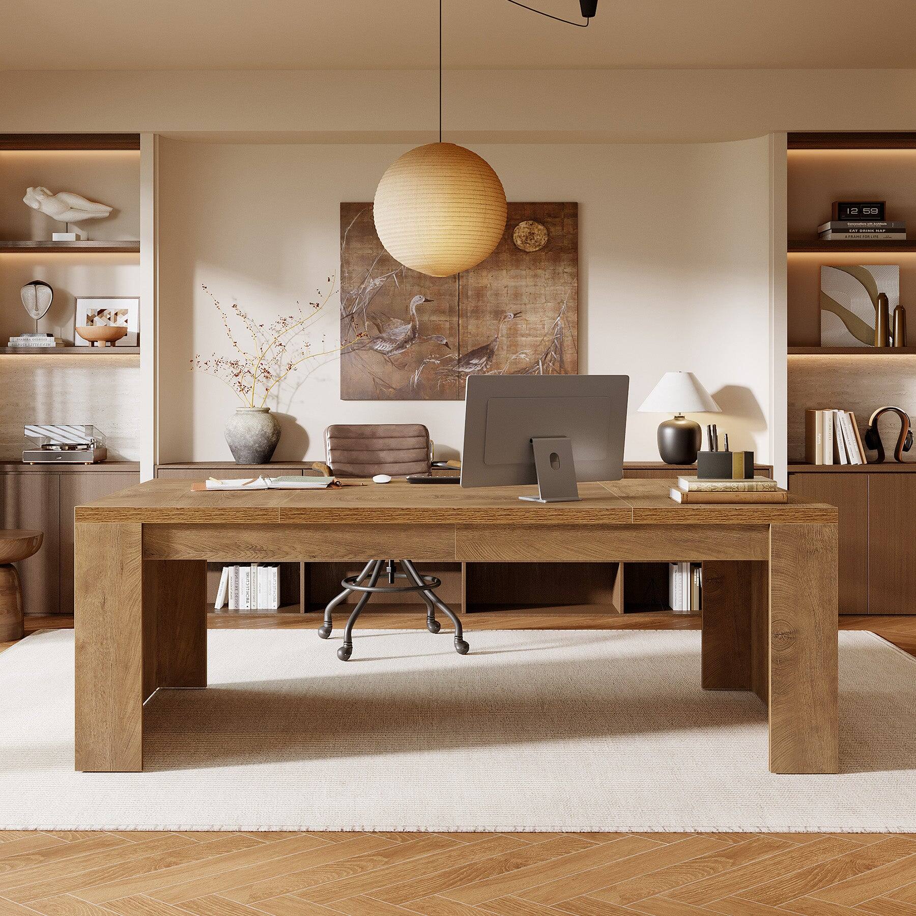 Alt View 2. Tribesigns - Office Executive Desk with Engineered Wood Construction, Pedestal Base, for Computer Work and Writing in Home Offices - Brown.
