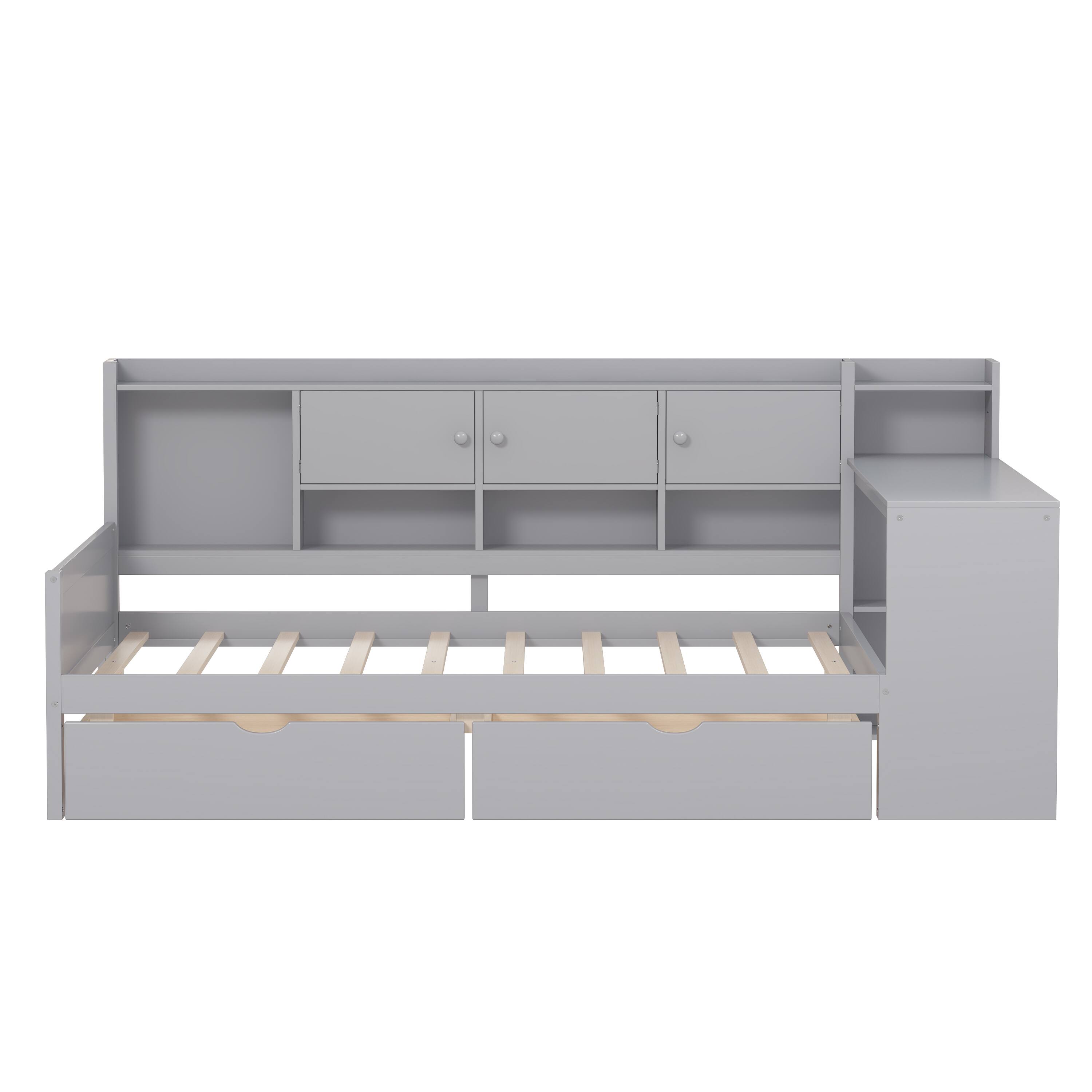 Alt View 8. Tiramisubest - Full Size Daybed with Cabinets and 2 Drawers,Multi-functional Daybed Frame with Study Desk and Built-in Bookshelf,Gray - Gray.