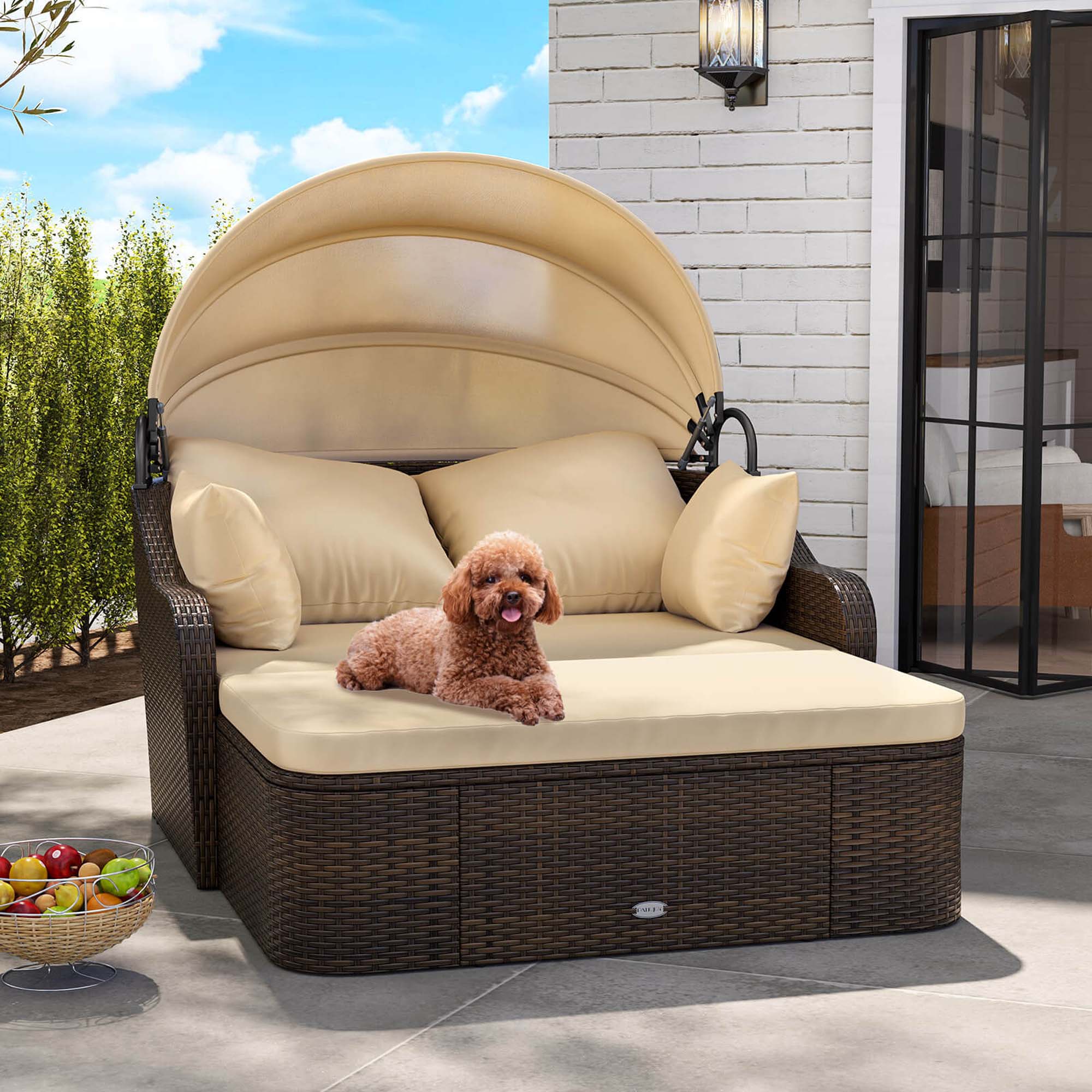 Alt View 1. Costway - Patio PE Rattan Daybed with Retractable Canopy Soft Cushions and Extra Pillows - Beige,Mix Brown.