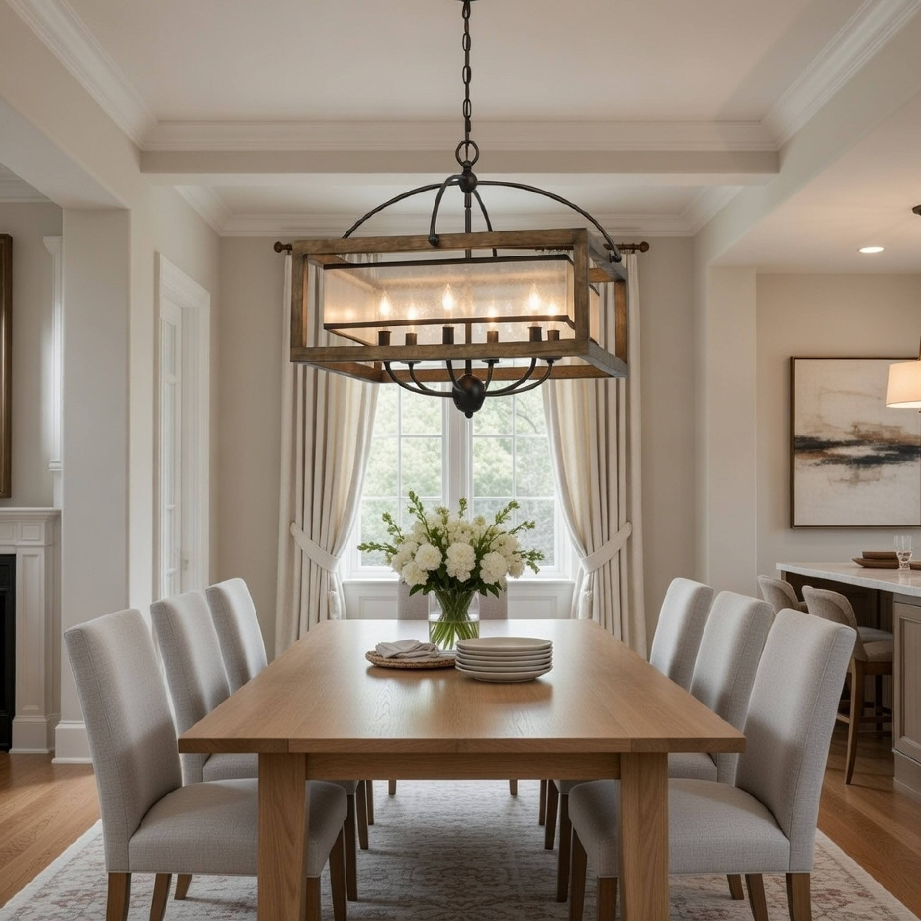 Alt View 6. Manhattan Lane - 6 Bulb Square Chandelier with Wooden Frame and Organza Striped Shade - Brown.