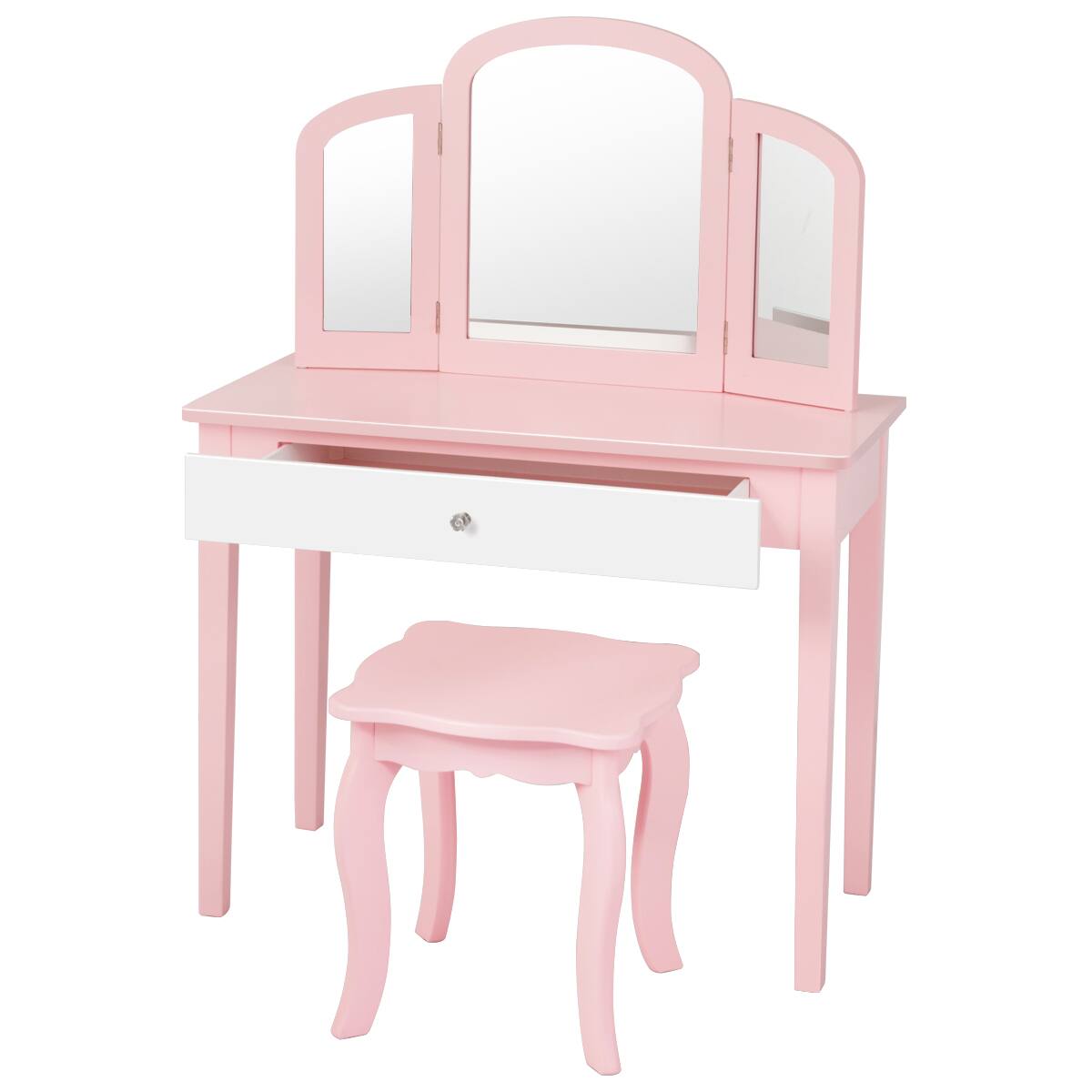 Costway - Kids Vanity Set Princess Makeup Dressing Play Table Set W/Mirror - Pink