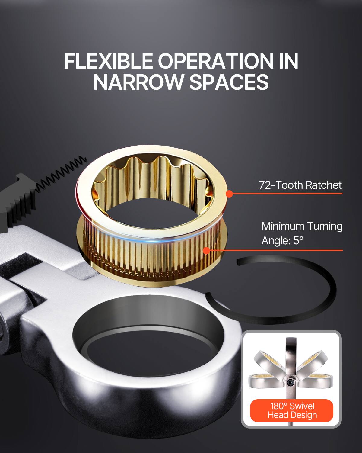 FLEXIBLE OPERATION IN NARROW SPACES

72-Tooth Ratchet

Minimum Turning Angle: 5°

180° Swivel Head Design