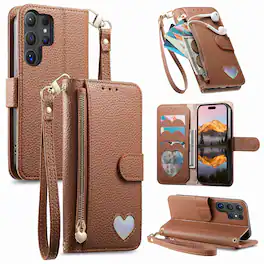 Dteck - PU Leather Wallet Case for Samsung Galaxy S25 Ultra with Wrist Strap Zipper Pocket, Protective Folio Kickstand Cover - Brown