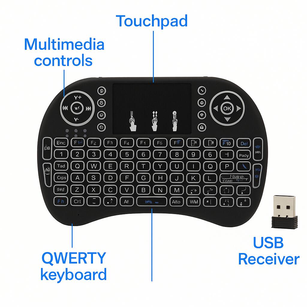 Touchpad, Multimedia controls, QWERTY keyboard, USB Receiver