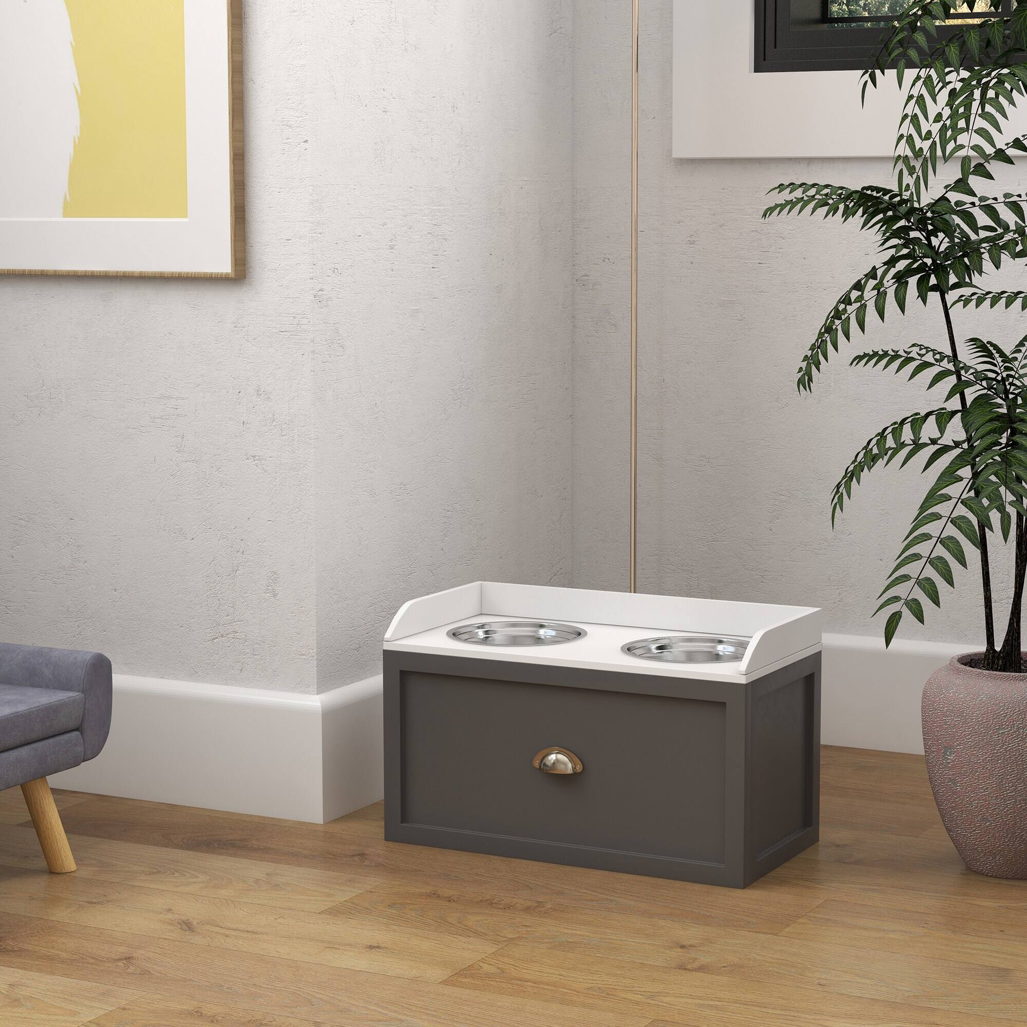 Alt View 5. Pawhut - Feeding Station with Storage Drawer, Food Storage Cabinet with 2  Elevated Dog Bowls for Large Sized Dogs - Gray.