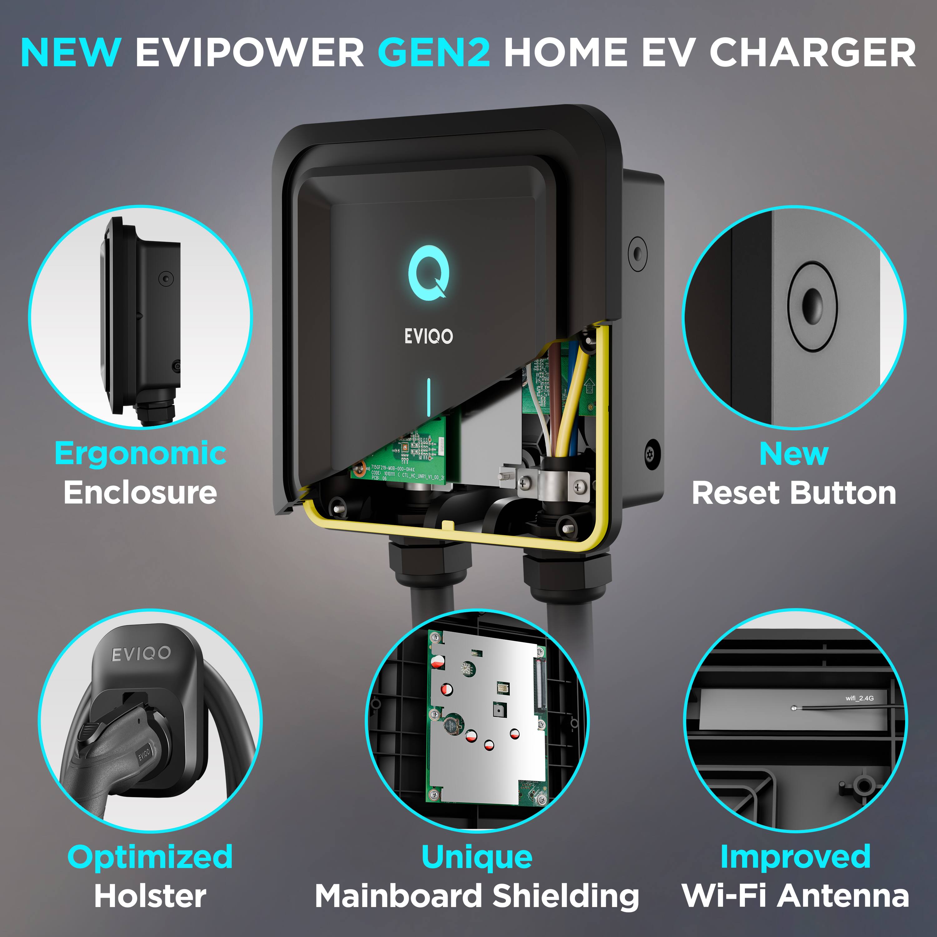 NEW EVIPOWER GEN2 HOME EV CHARGER

- Ergonomic Enclosure
- New Reset Button
- Optimized Holster
- Unique Mainboard Shielding
- Improved Wi-Fi Antenna