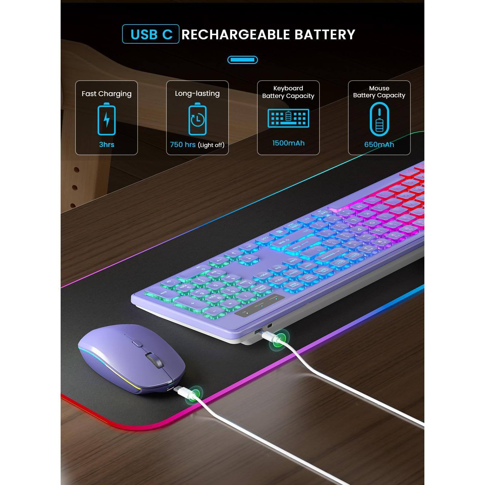 USB C RECHARGEABLE BATTERY

Fast Charging
3hrs

Long-lasting
750 hrs (Light off)

Keyboard Battery Capacity
1500mAh

Mouse Battery Capacity
650mAh