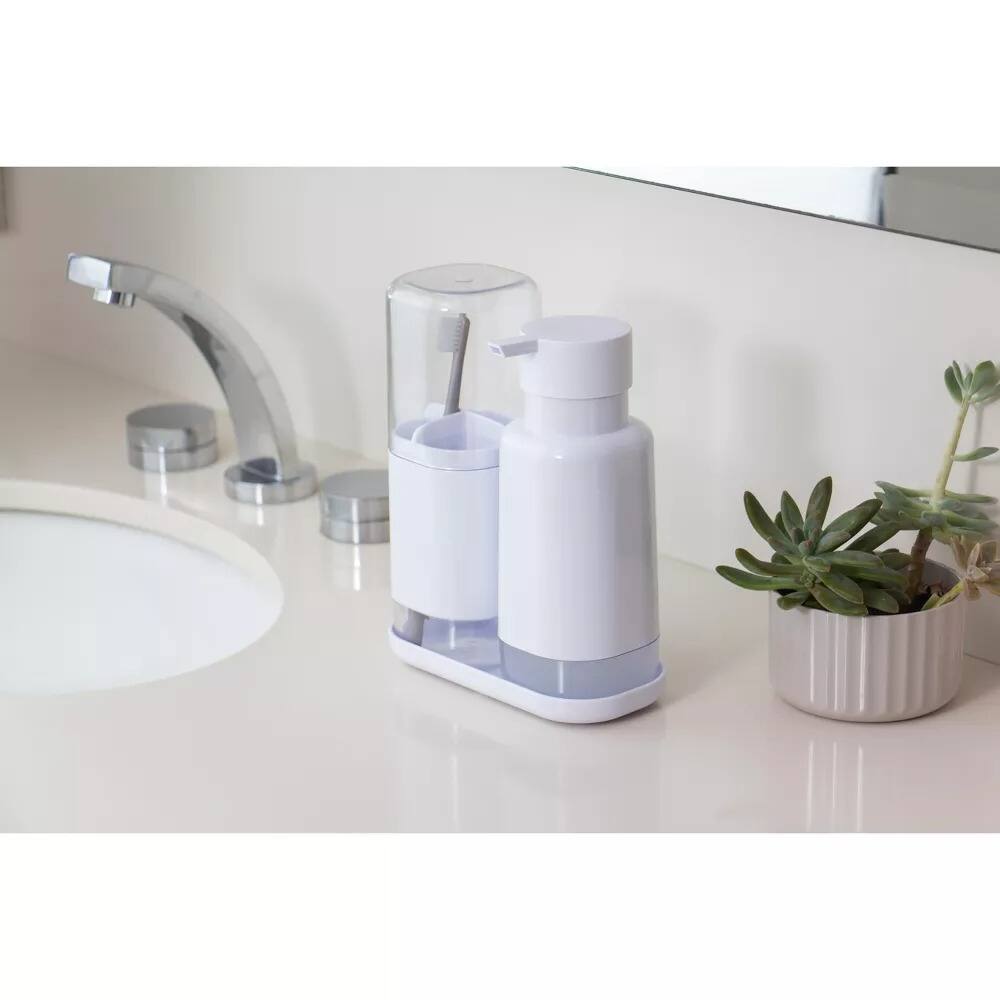 Left. OU - OU Soap Dispenser & Toothbrush Holder, Dual Bathroom Set 16.9oz Soap Dispenser, Nonslip Brush Holder - White - White.