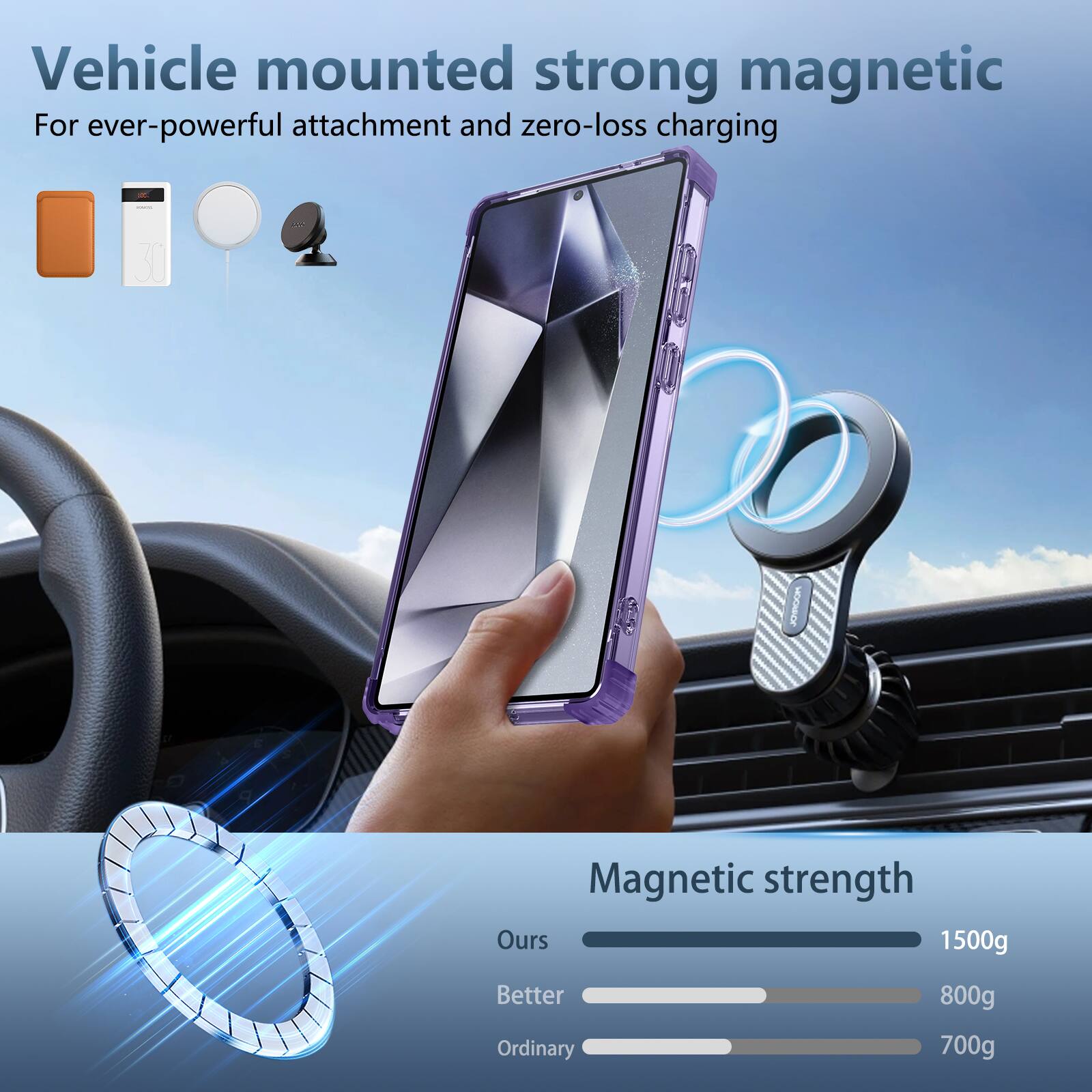 Vehicle mounted strong magnetic  
For ever-powerful attachment and zero-loss charging  

Magnetic strength  
Ours: 1500g  
Better: 800g  
Ordinary: 700g