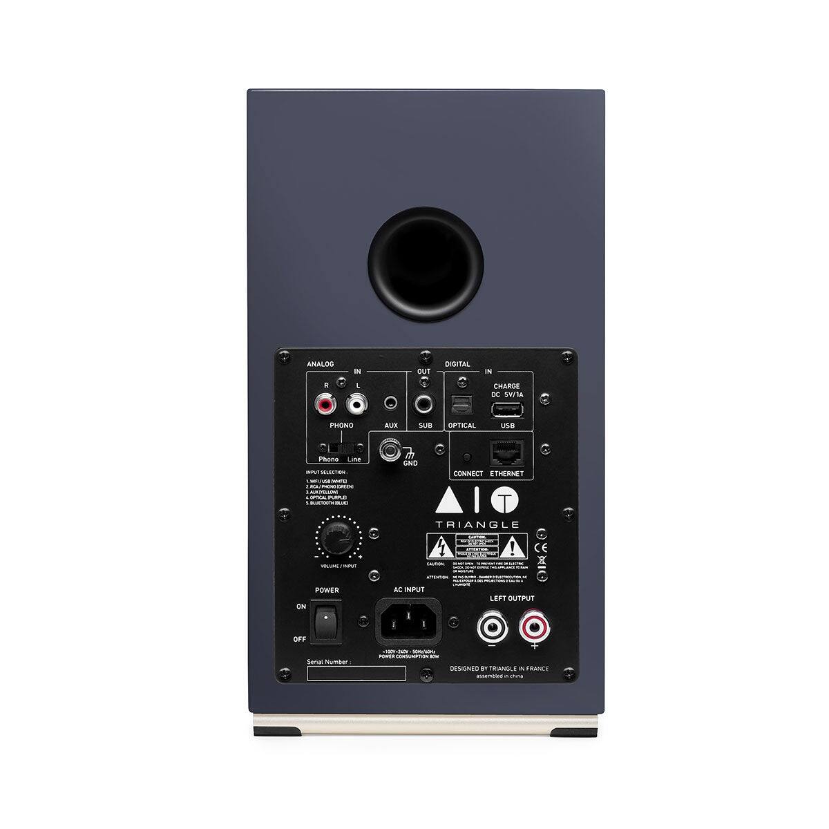 ANALOG IN  
R L  
PHONO  
AUX  
PHONO Line  
INPUT SELECTION  
1. PHONO  
2. LINE  
3. AUX  
4. OPTICAL  
5. USB  
VOLUME/INPUT  

DIGITAL IN  
SUB OPTICAL USB  
CHARGE DC 5V/1A  
CONNECT ETHERNET  

POWER  
ON  
OFF  

AC INPUT  

LEFT OUTPUT  

SERIAL NUMBER  

DESIGNED BY TRIANGLE IN FRANCE  
ASSEMBLED IN CHINA  

TRIANGLE  
CAUTION  
ATTENTION  
CAUTION  
ATTENTION
