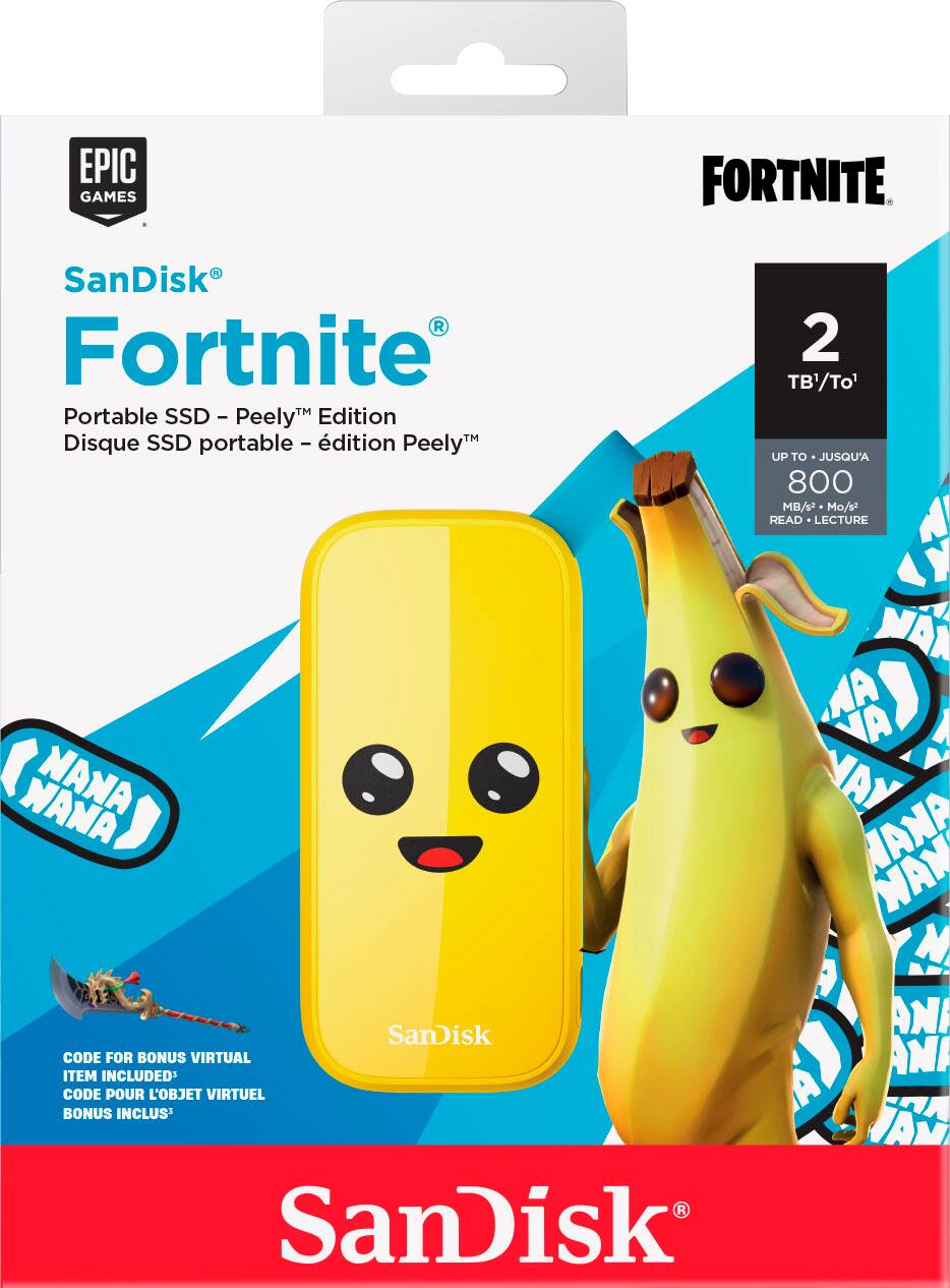 EPIC GAMES FORTNITE SanDisk 3 Fortnite 2 TB/To Portable SSD D - Peely Edition Disque SSD portable - dition Peely 5 1 JUSSAMA 800 M" maN DEAU LECTURE A NAN MA A NANA NANA AY NANA NAN N SanDisk ANA COOE FOR BONUS VIRTUAL ANA ITEM NCLUDED COUE POUR CORET VIRTUEL SONUS NCLUS AH SanDisk