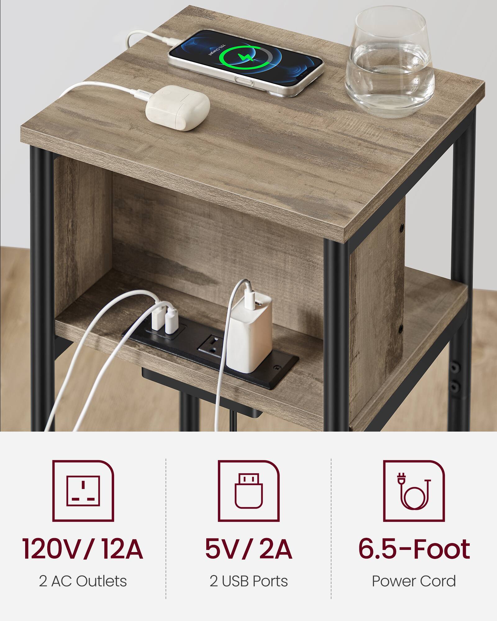 Songmics Home Side Table with Charging Station, 3 Tier End Table with ...