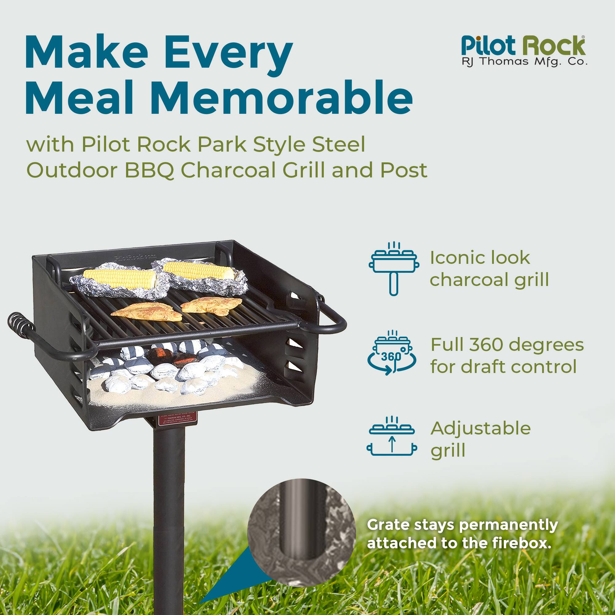 Make Every Meal Memorable with Pilot Rock Park Style Steel Outdoor BBQ Charcoal Grill and Post

- Iconic look charcoal grill
- Full 360 degrees for draft control
- Adjustable grill
- Grate stays permanently attached to the firebox
