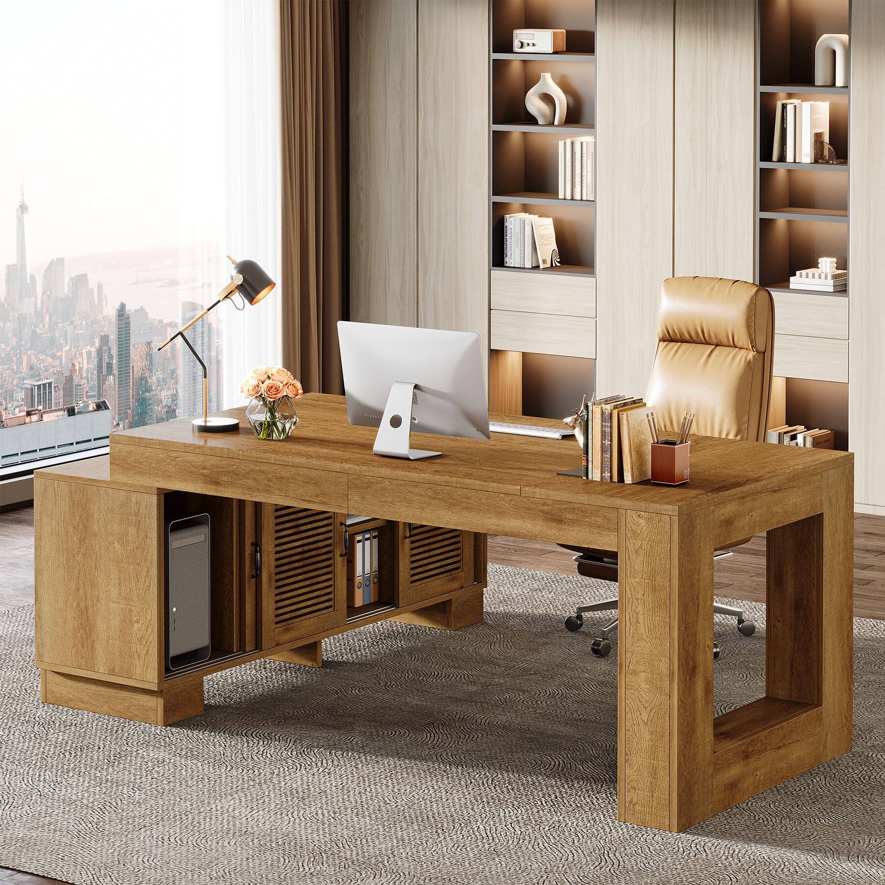 Left. Tribesigns - L Shaped Executive Desk with Storage Cabinets and 2-Tier Shelf, 78-Inch Simple Modern Business Furniture Large Computer - Dark Brown.