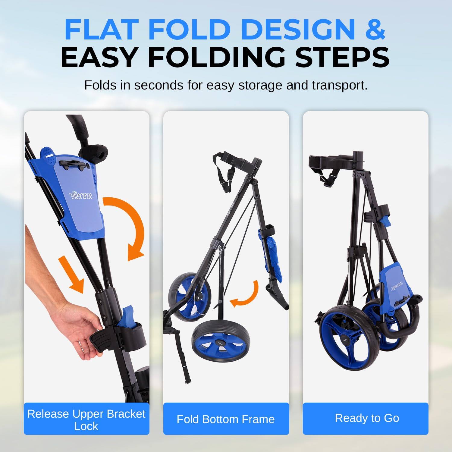 FLAT FOLD DESIGN & EASY FOLDING STEPS

Folds in seconds for easy storage and transport.

- Release Upper Bracket Lock
- Fold Bottom Frame
- Ready to Go