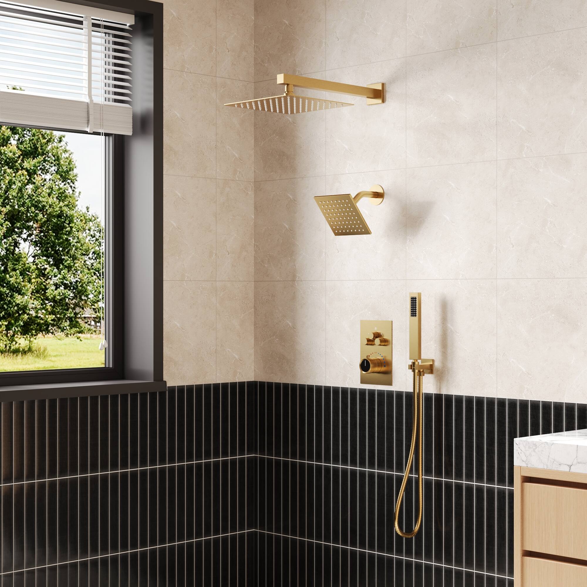 Left. GRANDJOY - 12" Dual Rain Shower System with Handheld Shower, Thermostatic Valve and 3 Function Diverter Faucet Set - Brushed Gold.