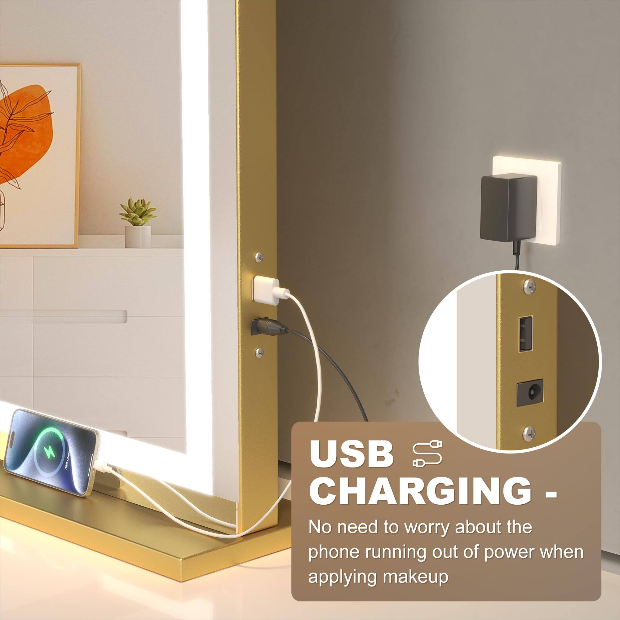 USB CHARGING -  
No need to worry about the phone running out of power when applying makeup