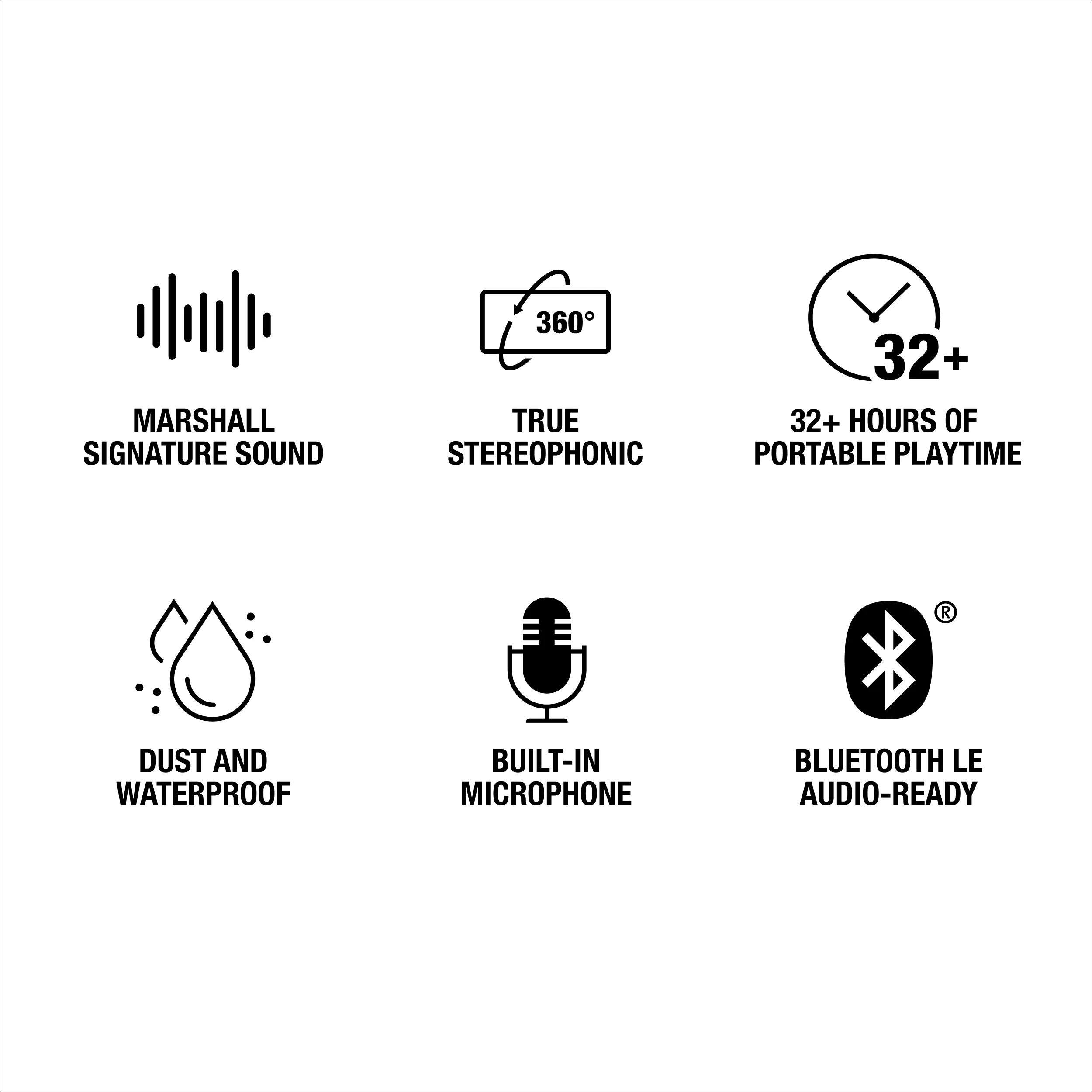 MARSHALL SIGNATURE SOUND  
TRUE STEREO 360  
32+ HOURS OF PORTABLE PLAYTIME  
DUST AND WATERPROOF  
BUILT-IN MICROPHONE  
BLUETOOTH LE AUDIO-READY