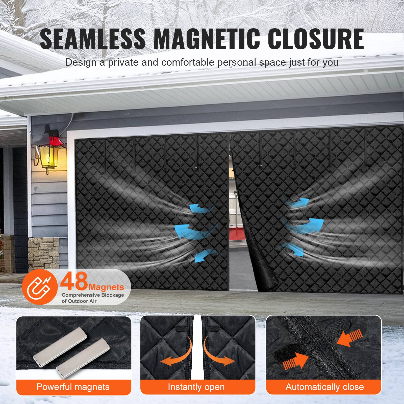 SEAMLESS MAGNETIC CLOSURE  
Design a private and comfortable personal space just for you  

48 Magnets  
Comprehensive Blockage of Outdoor Air  

Powerful magnets  
Instantly open  
Automatically close