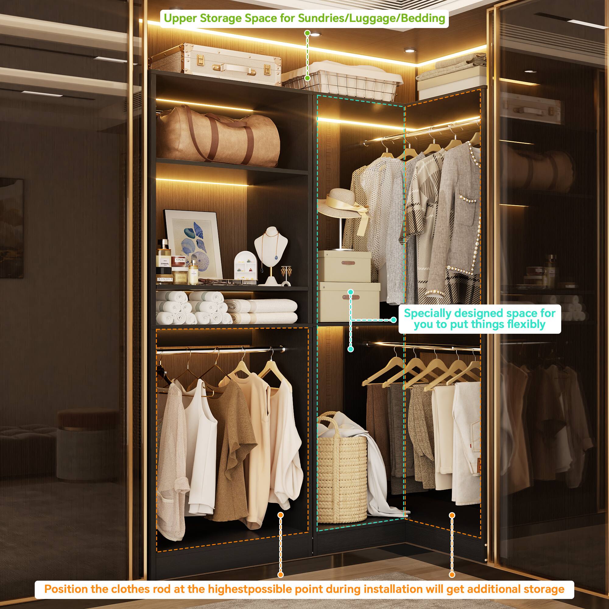 Upper Storage Space for Sundries/Luggage/Bedding: A specially designed space for you to put things flexibly. Position the clothes rod at the highest possible point during installation to get additional storage.