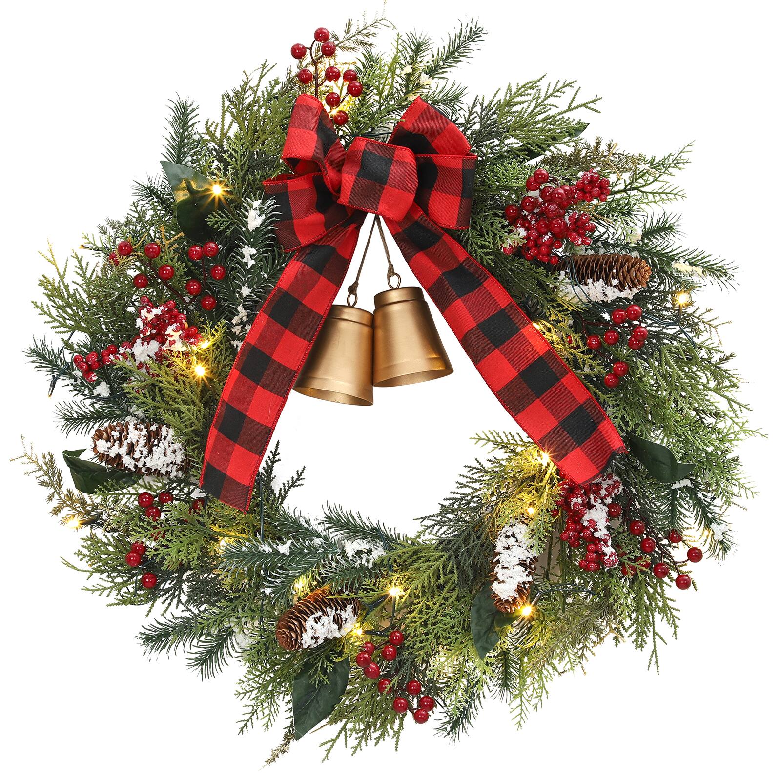 Front. Acekool - 24 Inch Christmas Wreath with Bell Pre-Lit Christmas Wreath with Lights for Entryway Front Door - Red and Green.