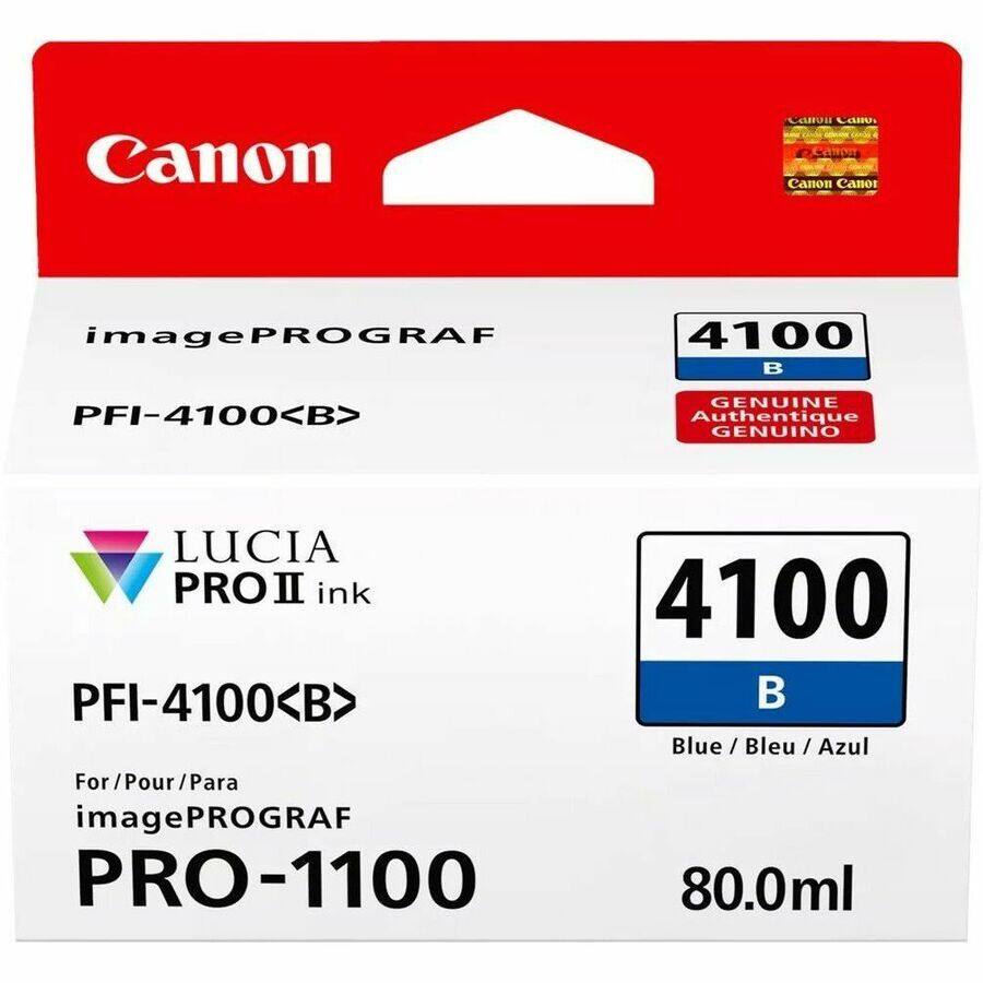 Canon  
imagePROGRAF  
PFI-4100<B>  

LUCIA PRO II ink  
PFI-4100<B>  

For/Pour/Para imagePROGRAF PRO-1100  

4100 B  
GENUINE Authentique GENUINO  

4100 B  
Blue / Bleu / Azul  

80.0ml