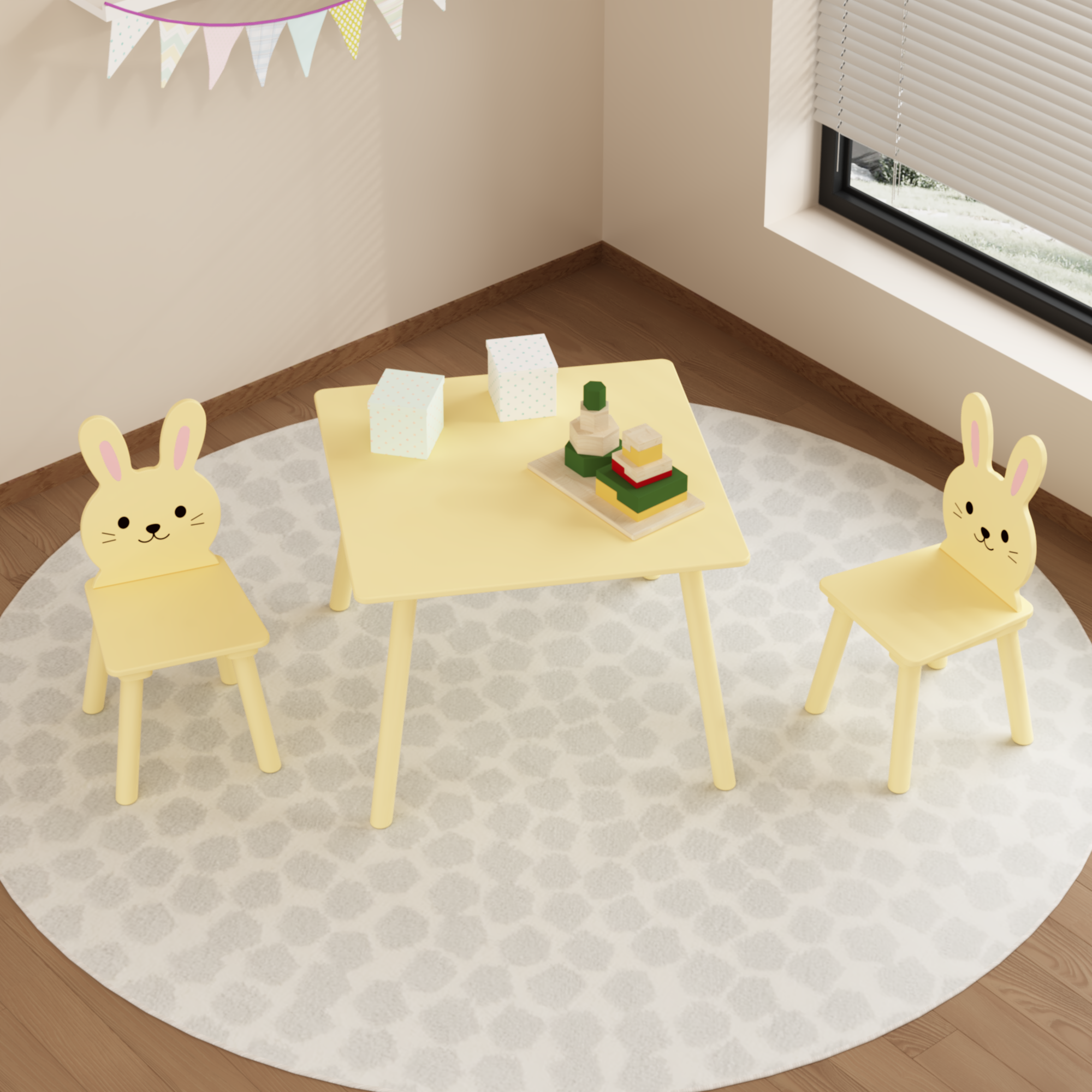 Alt View 4. Tiramisubest - Kids Table Set with 2 Bunny Chairs,Children's Wooden Activity Table for Toddlers,Cute Animal Design Study Play Set - Yellow.