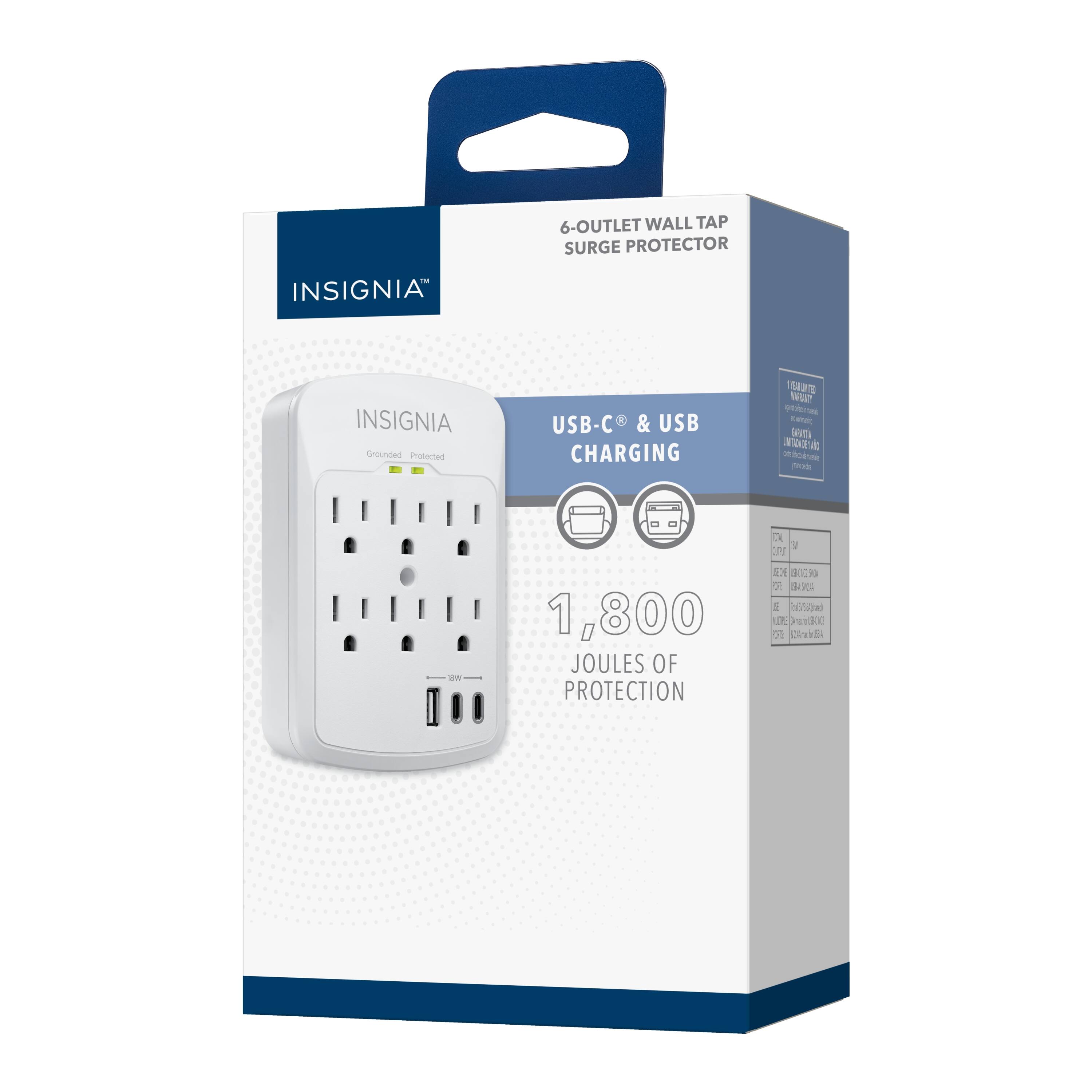 6-Outlet Wall Tap Surge Protector  
Insignia  
Grounded Protected USB-C & USB Charging  
1,800 Joules of Protection
