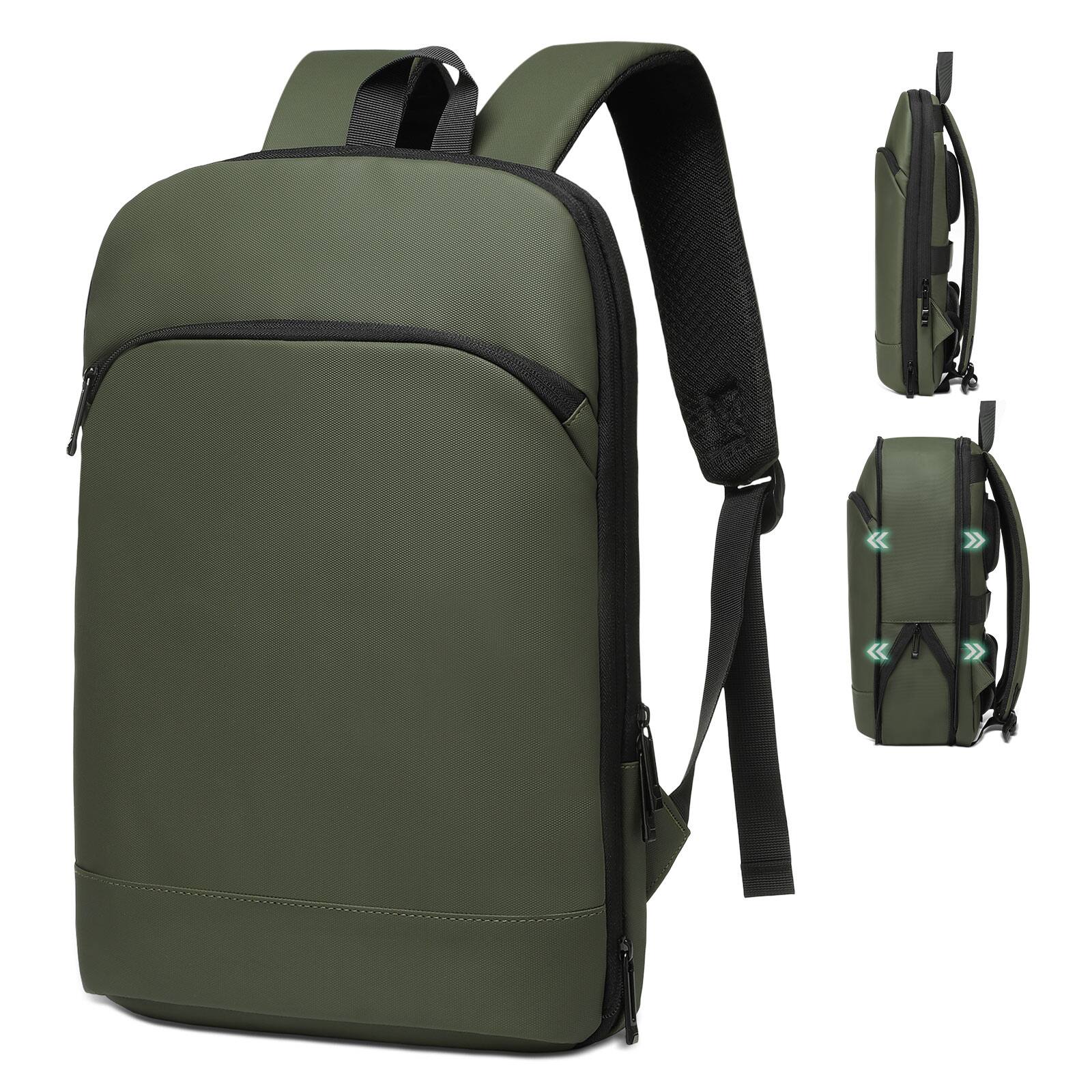 Front. Unique Bargains - Slim Expandable Business Backpack for Men, 16" Laptop Compartment, TSA 15L-25L, Lightweight Work Office - Dark Green.